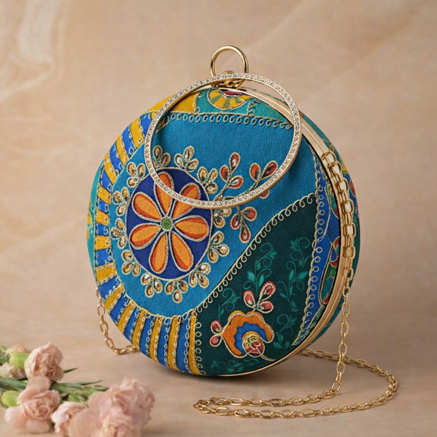 Artklim Turquoise Blue Round Embroidered Clutch