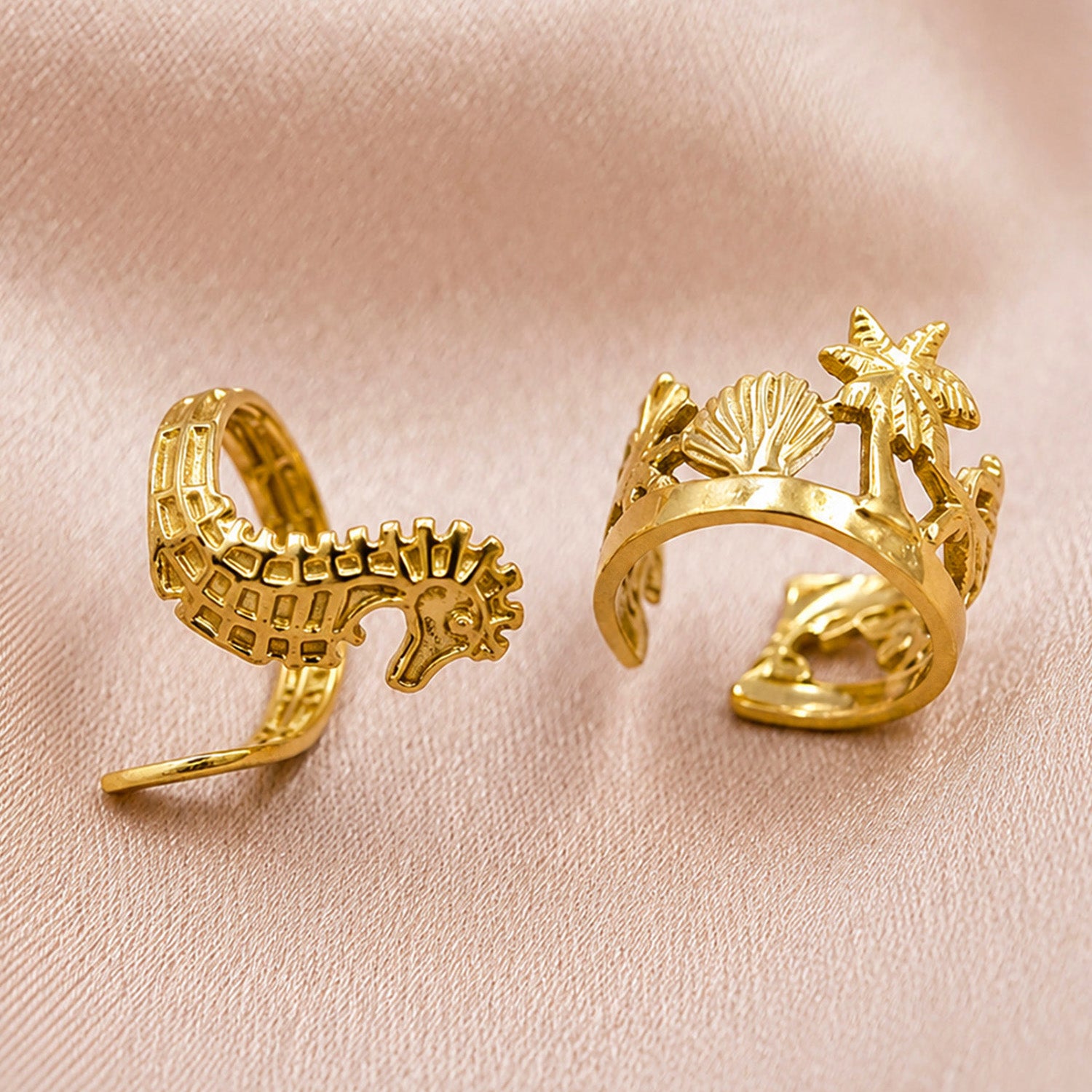 Artklim Seahorse & Ocean Charm Pair Adjustable Anti-Tarnish Ring Set