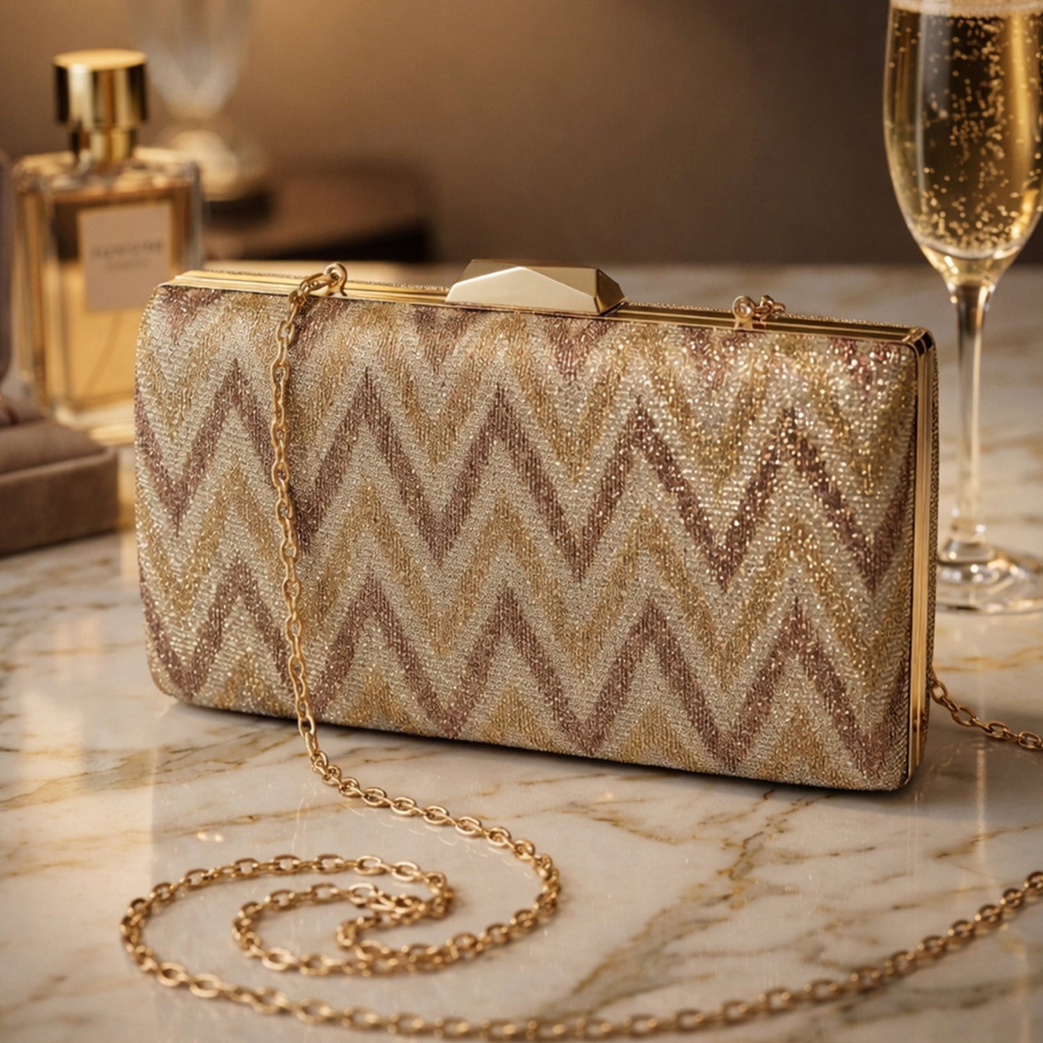 Artklim Elegant Gold Chevron Glitter Clutch