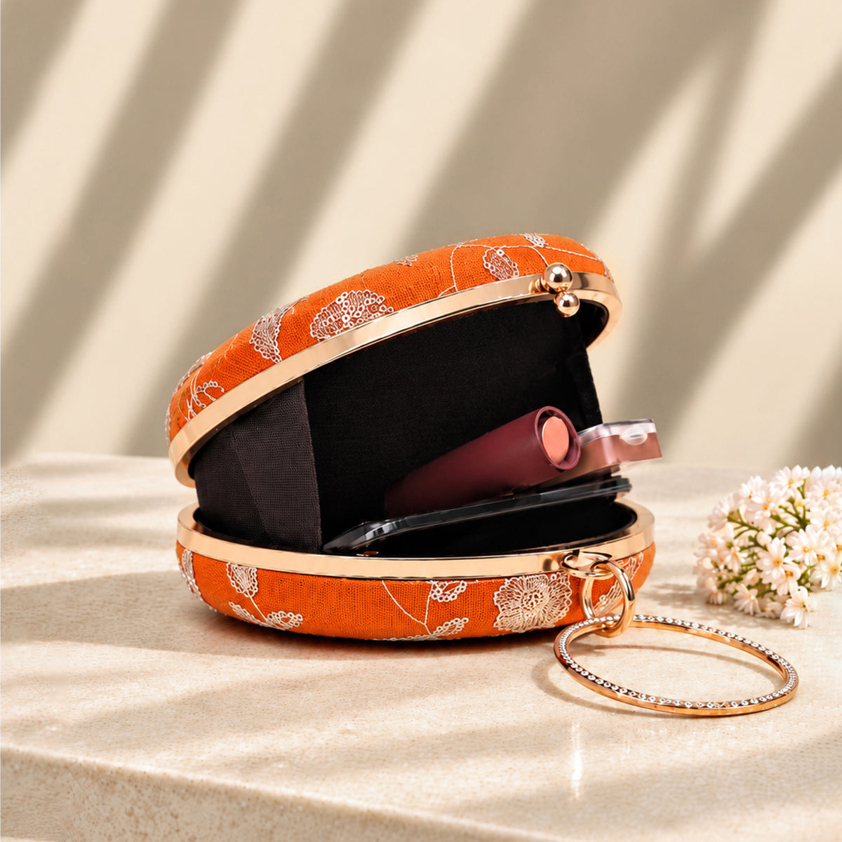Artklim Elegant Orange Floral Embroidered Round Clutch Bag with Crystal Ring Handle
