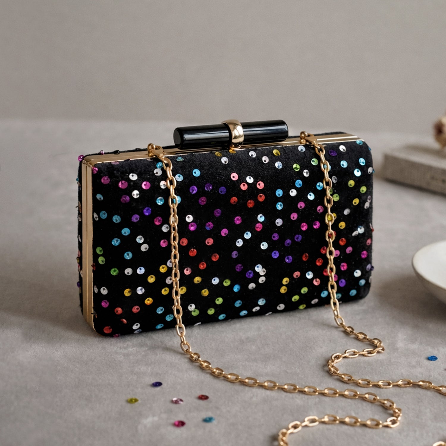 Artklim Chic Black Multicolor Sequin Embroidery clutch
