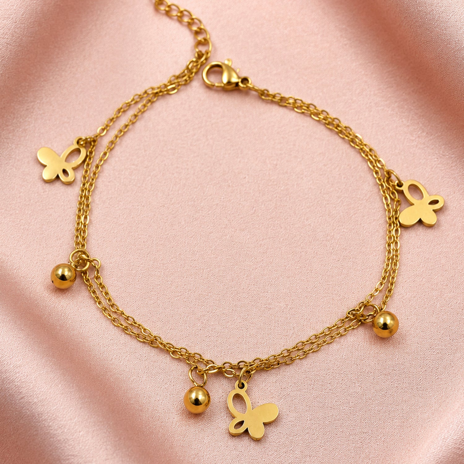 Artklim Butterfly Charm Double Chain Gold Anti-Tarnish Anklet