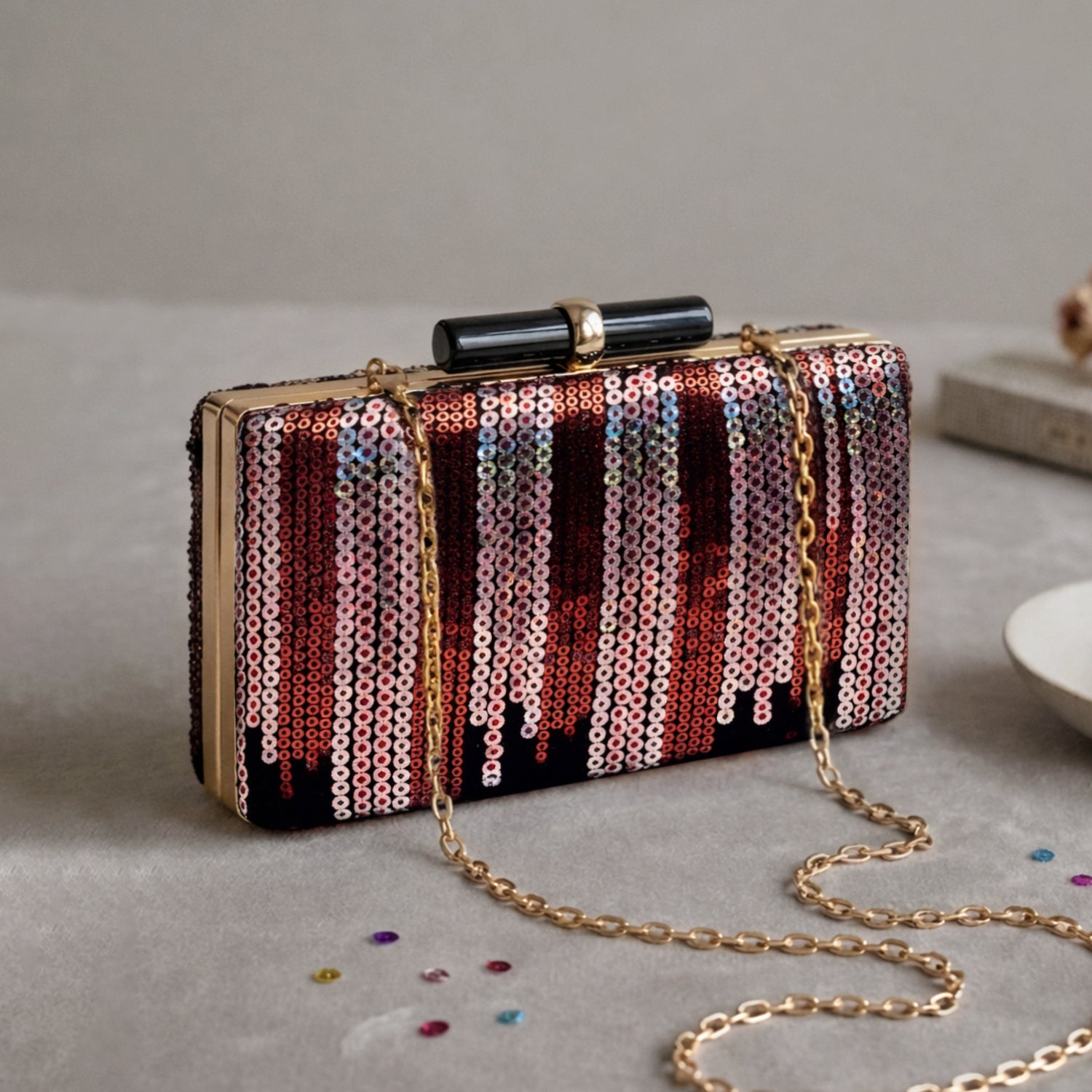 Artklim Glamorous Red & Silver Sequin Embroidery clutch