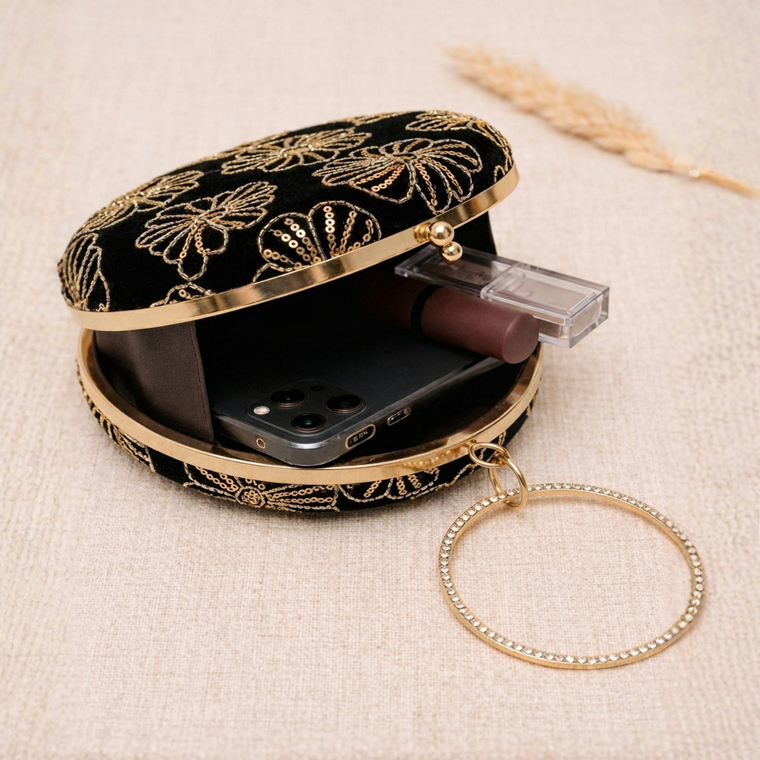 Artklim Midnight Noir Velvet Floral Embroidery Clutch