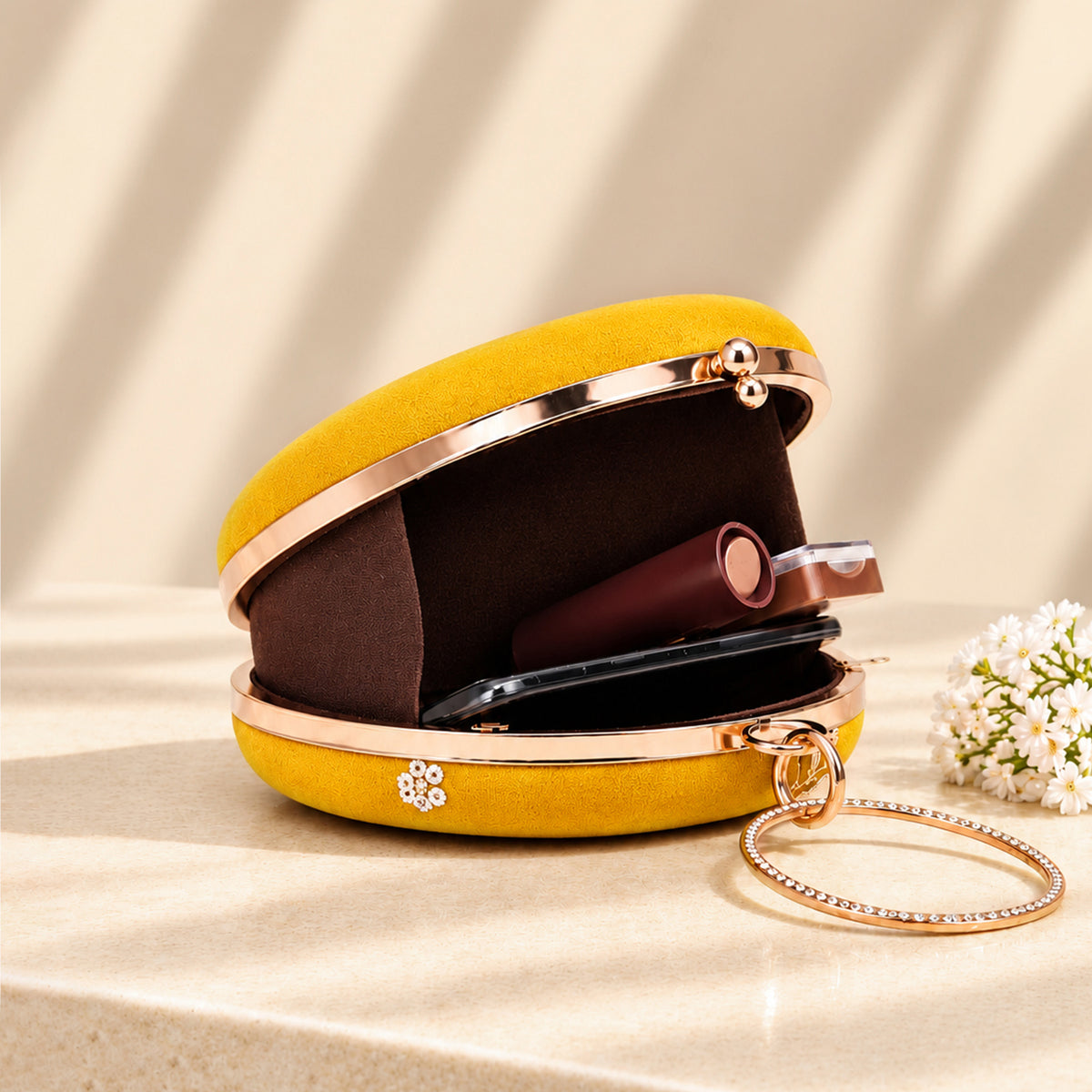 Artklim Elegant Intricate Peacock Embroidery Round Clutch Bag with Golden Crystal Ring Handle