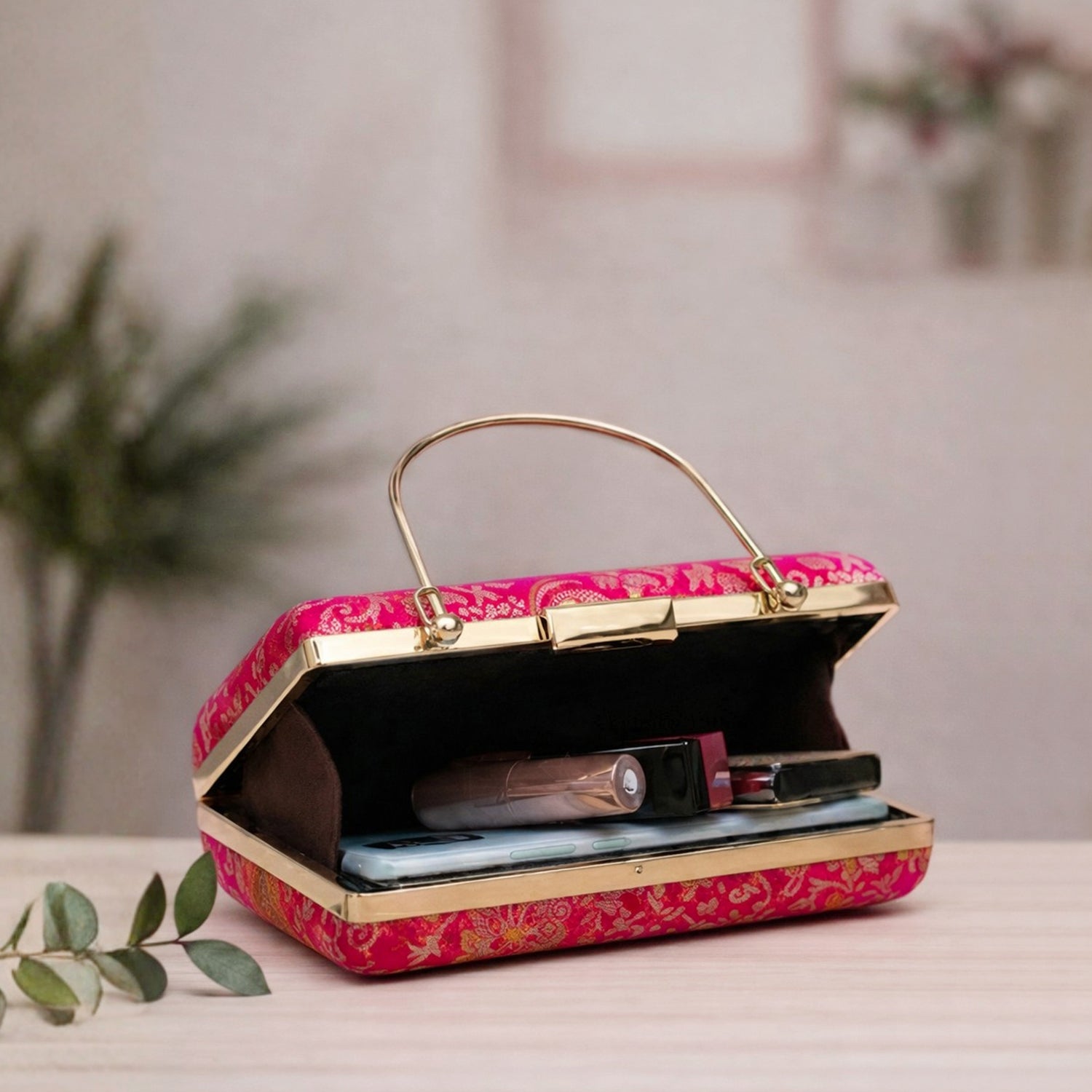 Artklim Pink Based Silver Pattern Printed Brocade Fabric Clutch