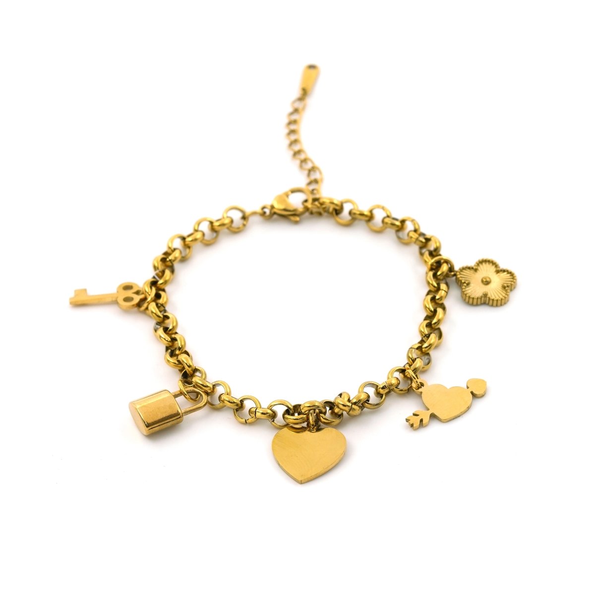 Artklim Gold Plated Clover Leaf, Heart, Lock And Key Charms Bracelet
