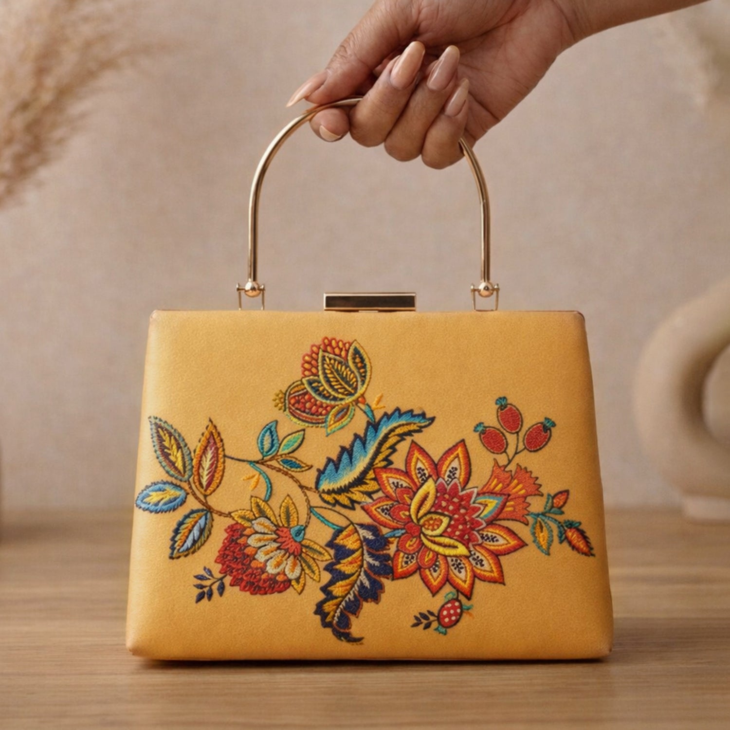 Artklim Printed Yellow Multicolor Floral Clutch with Hand Embroidery