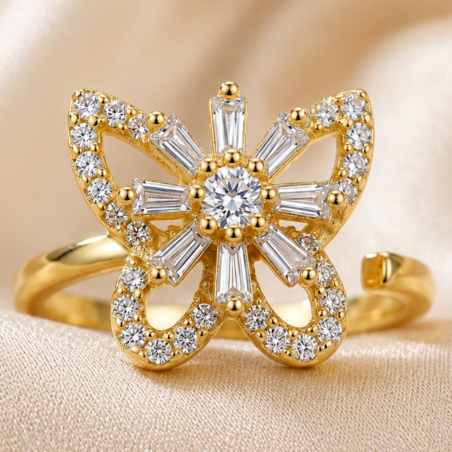 Artklim Gold Butterfly Blossom Revolving Flower Crystal Adjustable Anti-Tarnish Copper Ring