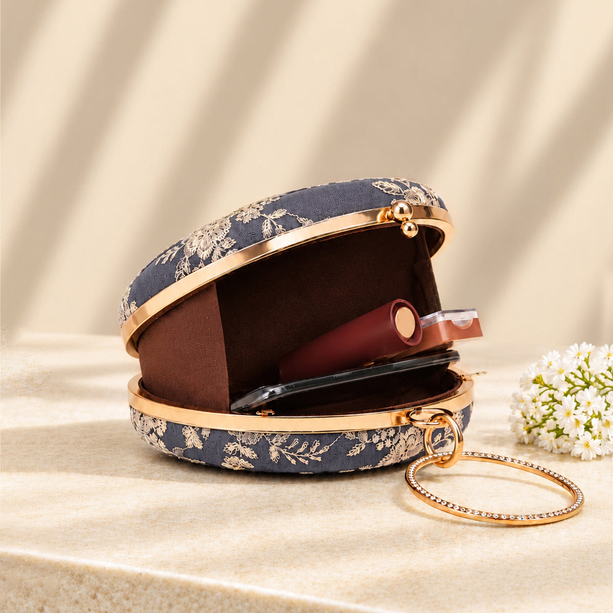Artklim Elegant Grey Floral Embroidered Round Clutch Bag with Golden Crystal Ring Handle