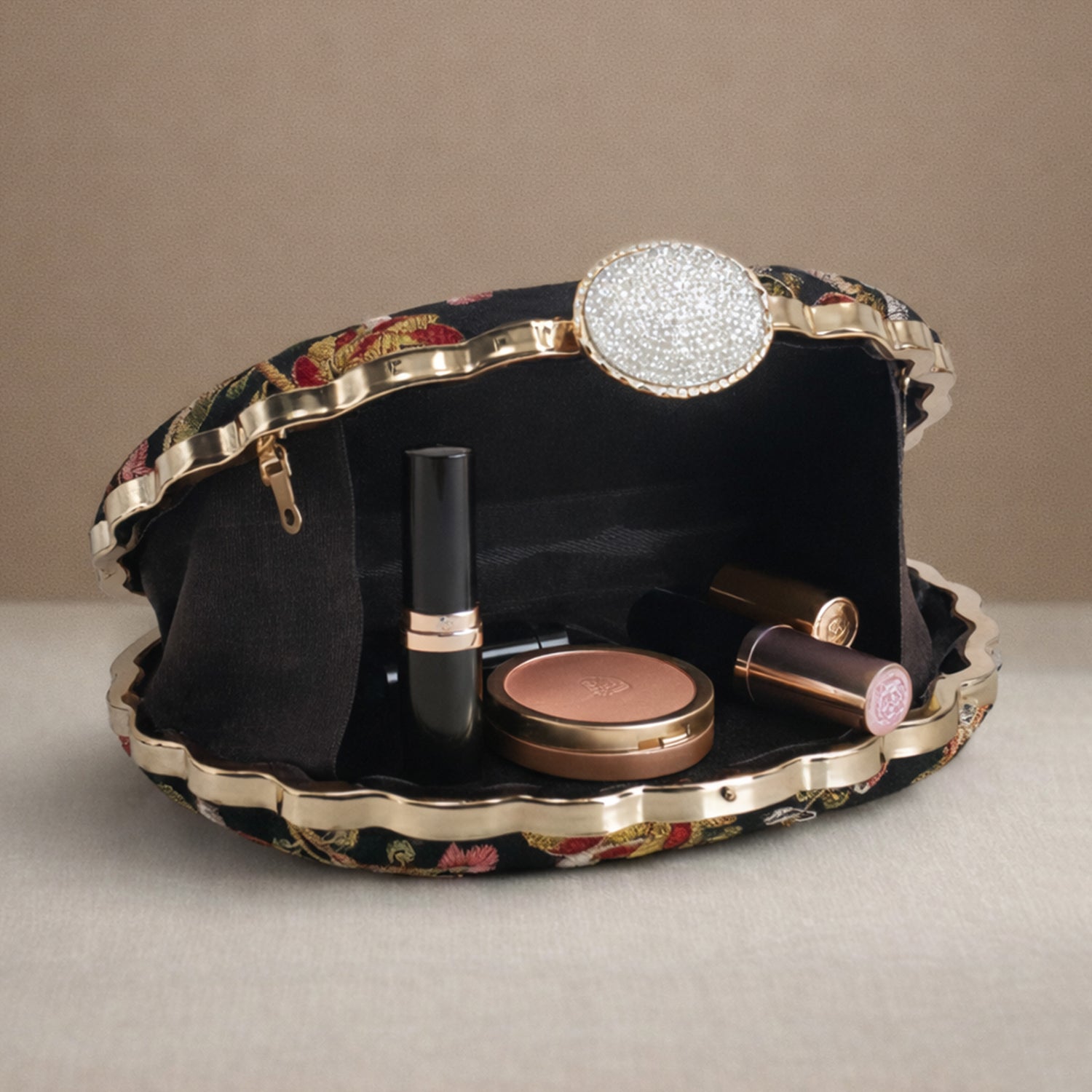 Artklim Black Ethnic Floral Embroidered Clutch