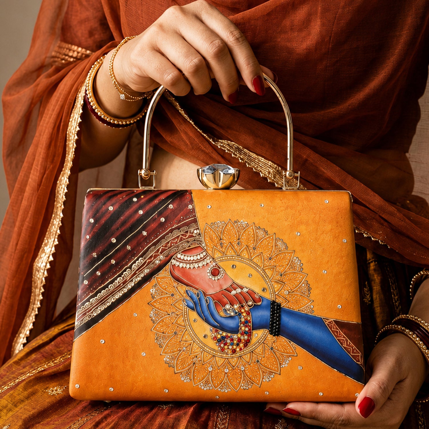Artklim Printed Divine Hands Traditional Art Clutch with Hand Embroidery