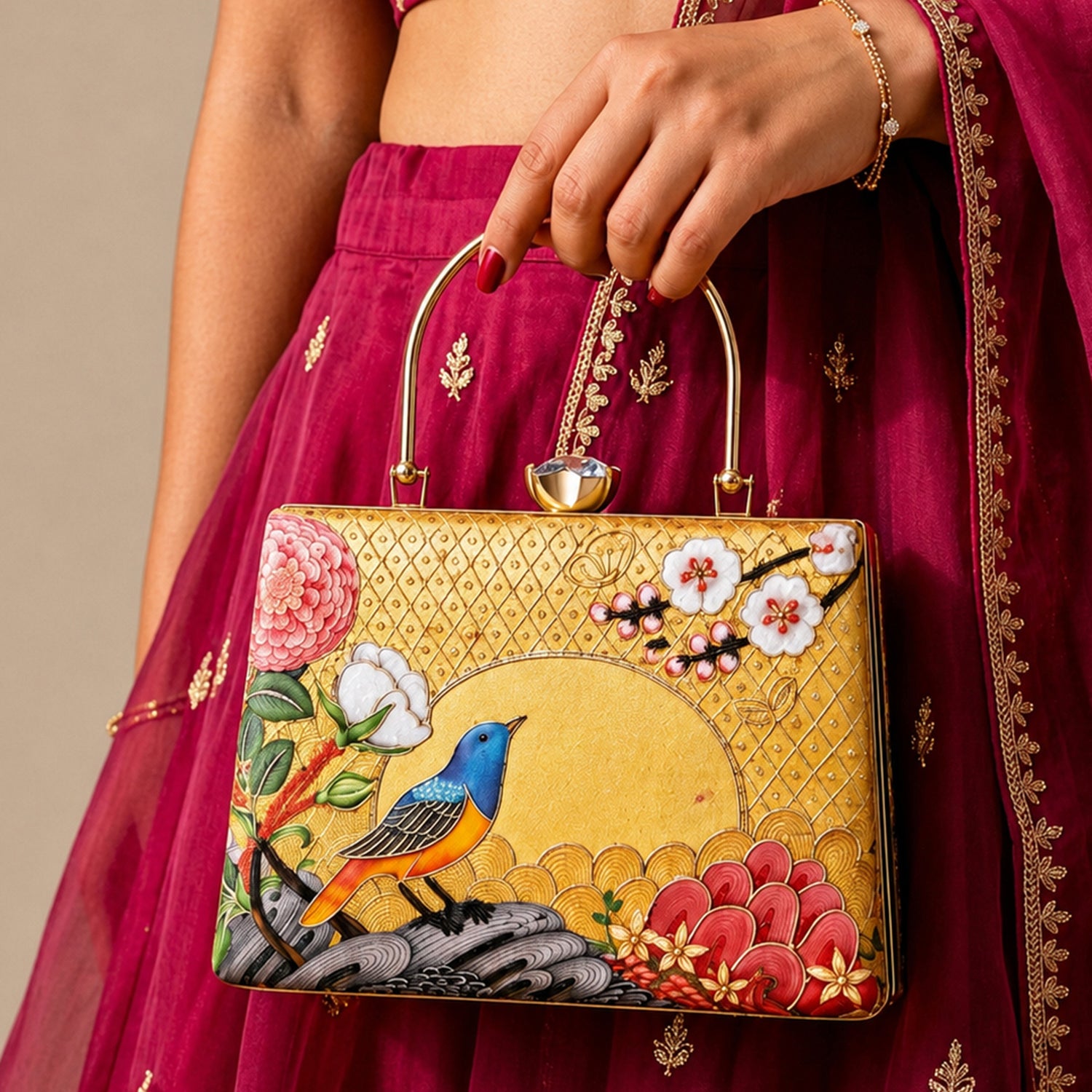Artklim Printed Golden Songbird Garden Clutch with Hand Embroidery