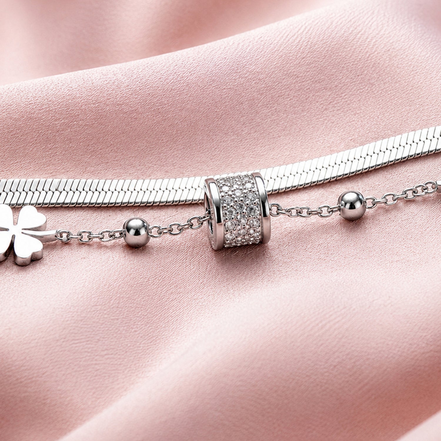 Artklim Silver-Tone Clover Double Layer Crystal Charm Anti-Tarnish Bracelet