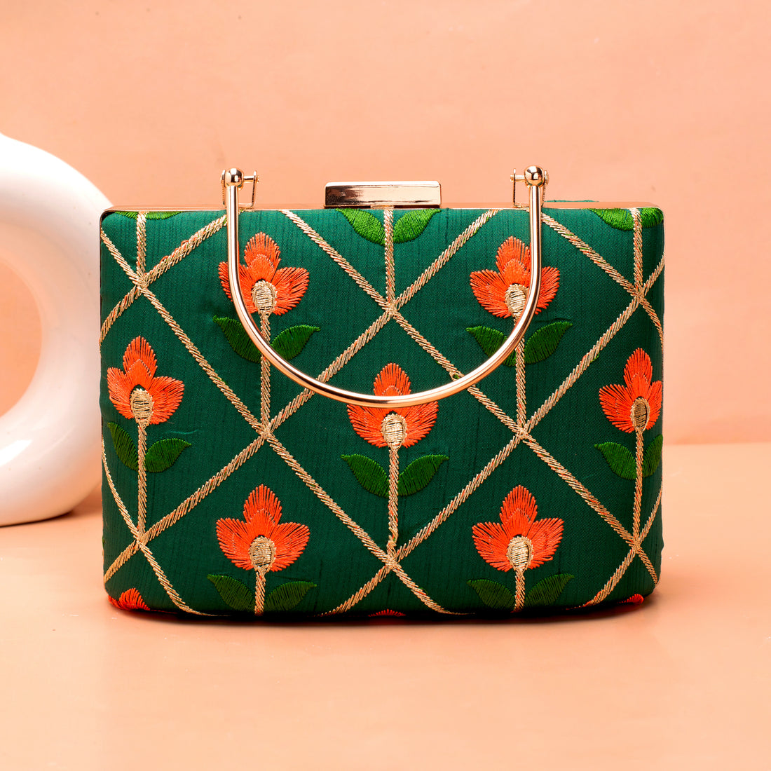 Artklim Green Based Orange Floral Threadwork Embroidery Clutch
