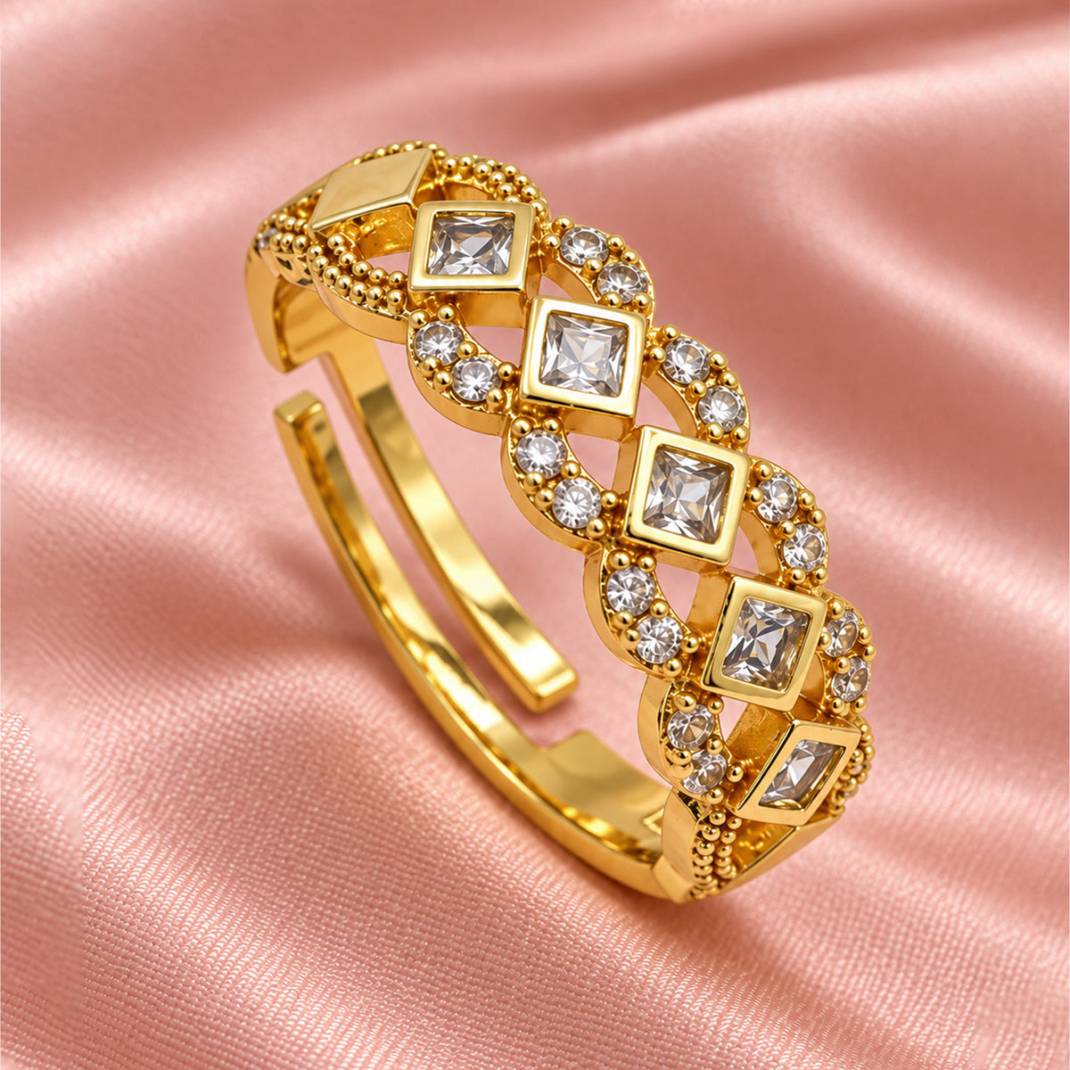 Artklim Square Crystal Link Gold-Tone Anti-Tarnish Ring