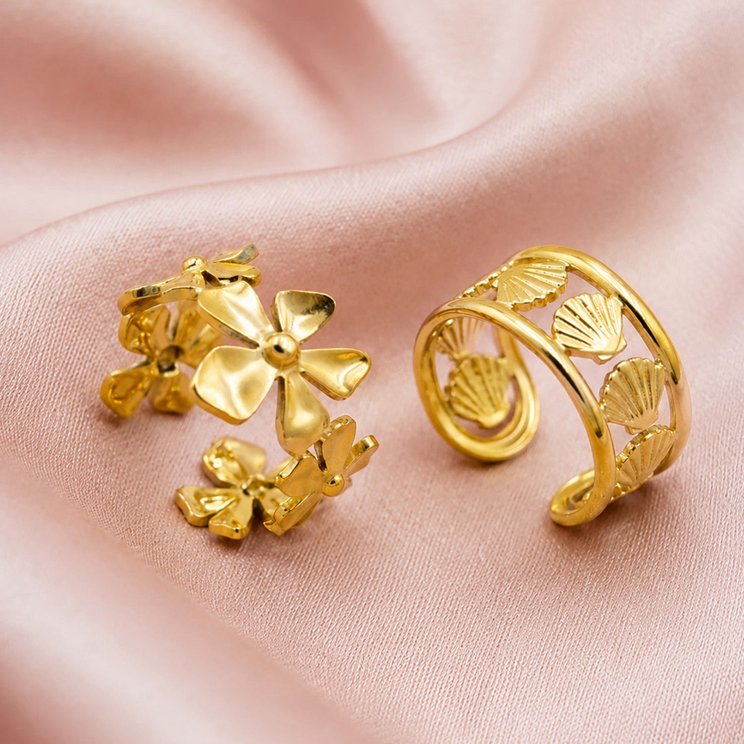 Artklim Floral Bloom & Seashell Pair Ring Set Adjustable Anti-Tarnish Ring