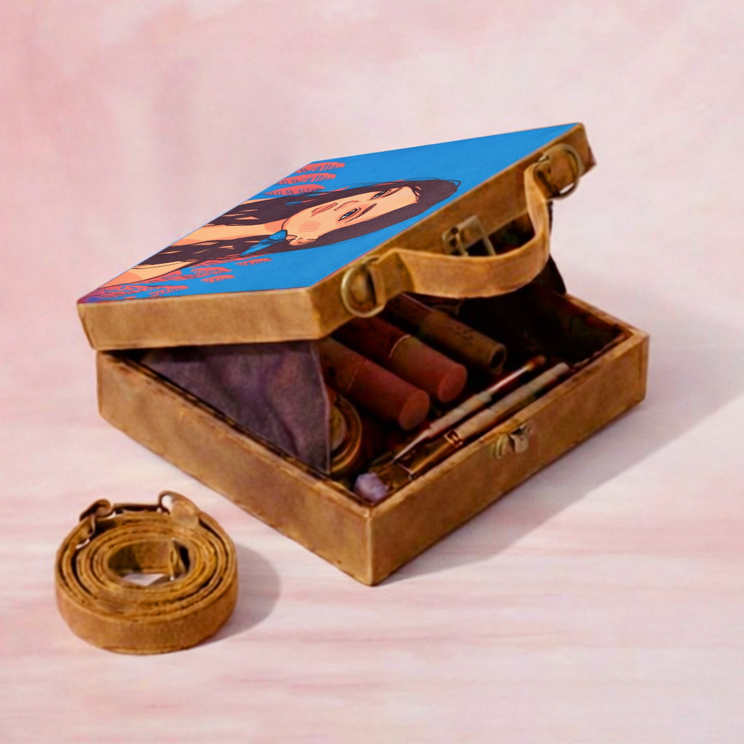 Brown Hair Lady Printed Suitcase Style