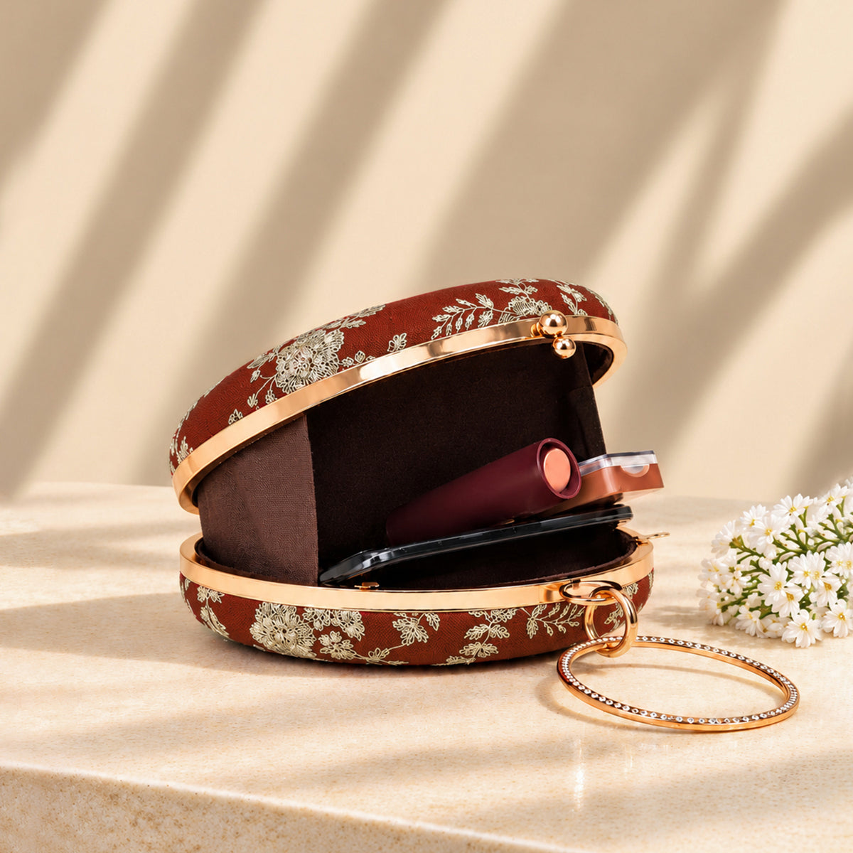 Artklim Luxury Rust Brown Floral Embroidered Round Clutch Bag with Golden Crystal Ring Handle