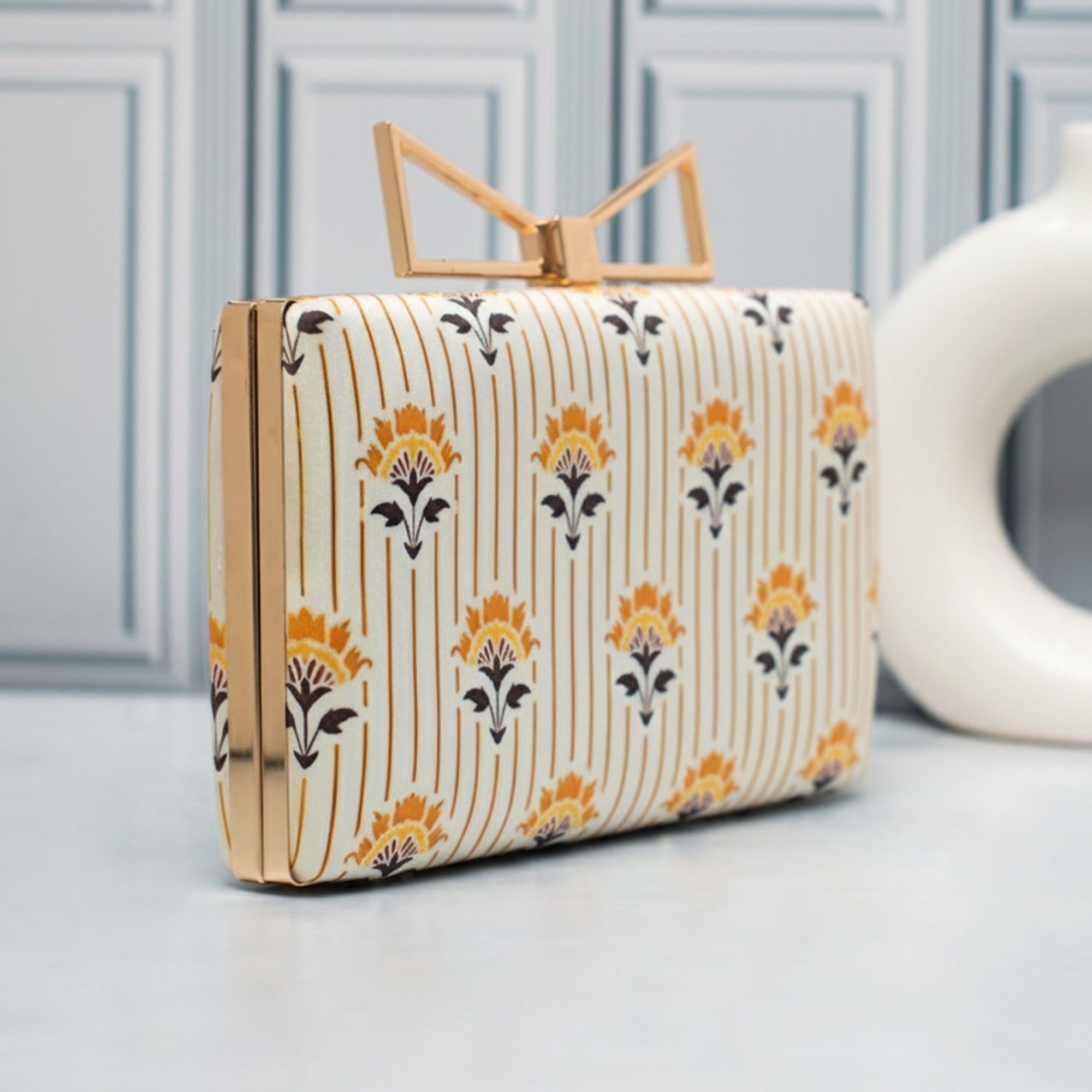 Artklim Ivory Gold Stripe Floral Printed Clutch