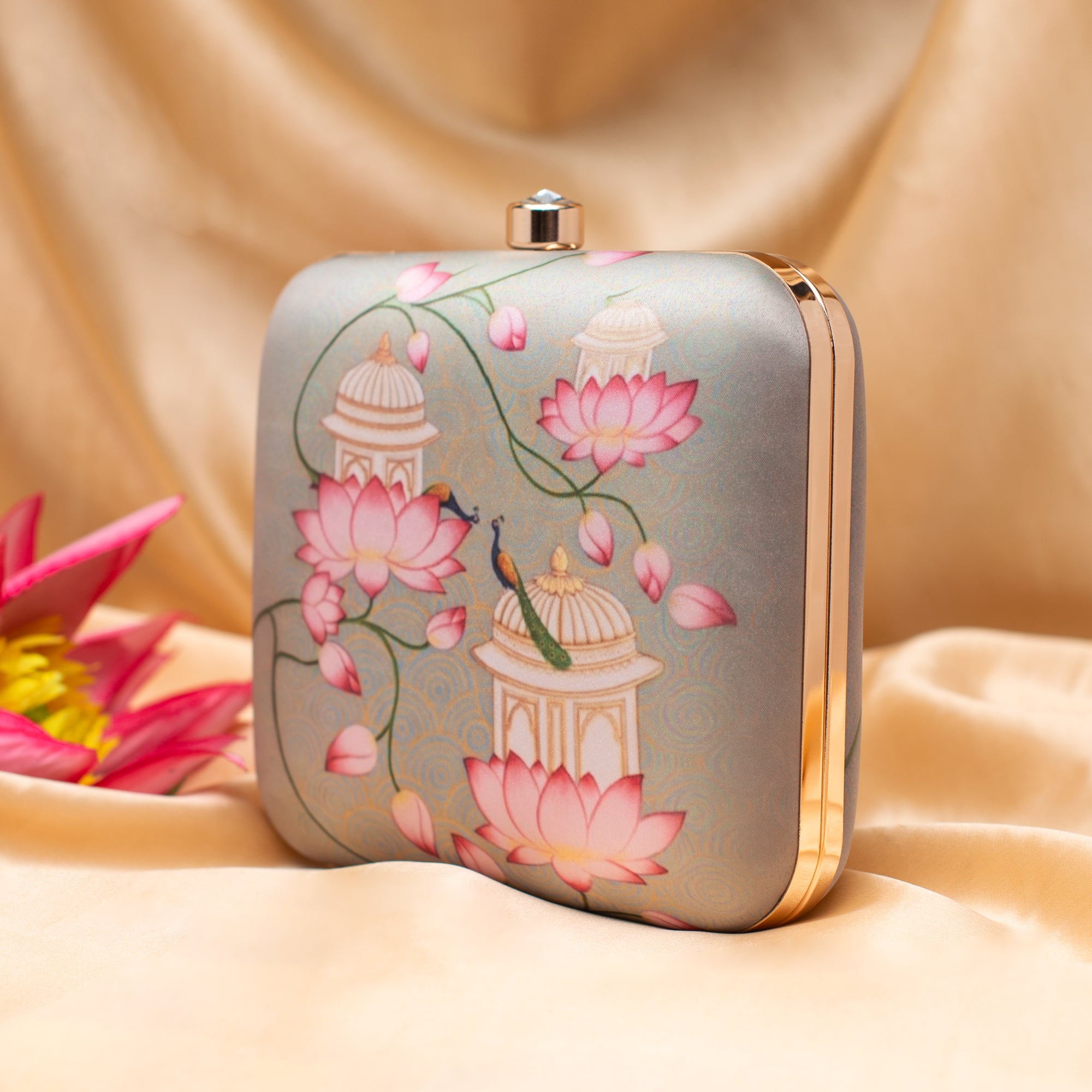 Artklim Lotus And Peacock Printed Clutch