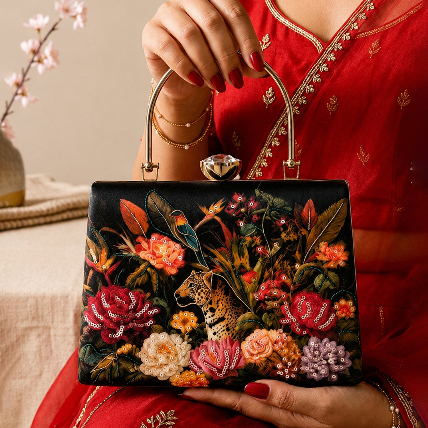Artklim Printed Wild Garden Leopard Artistic Luxury Clutch with Hand Embroidery