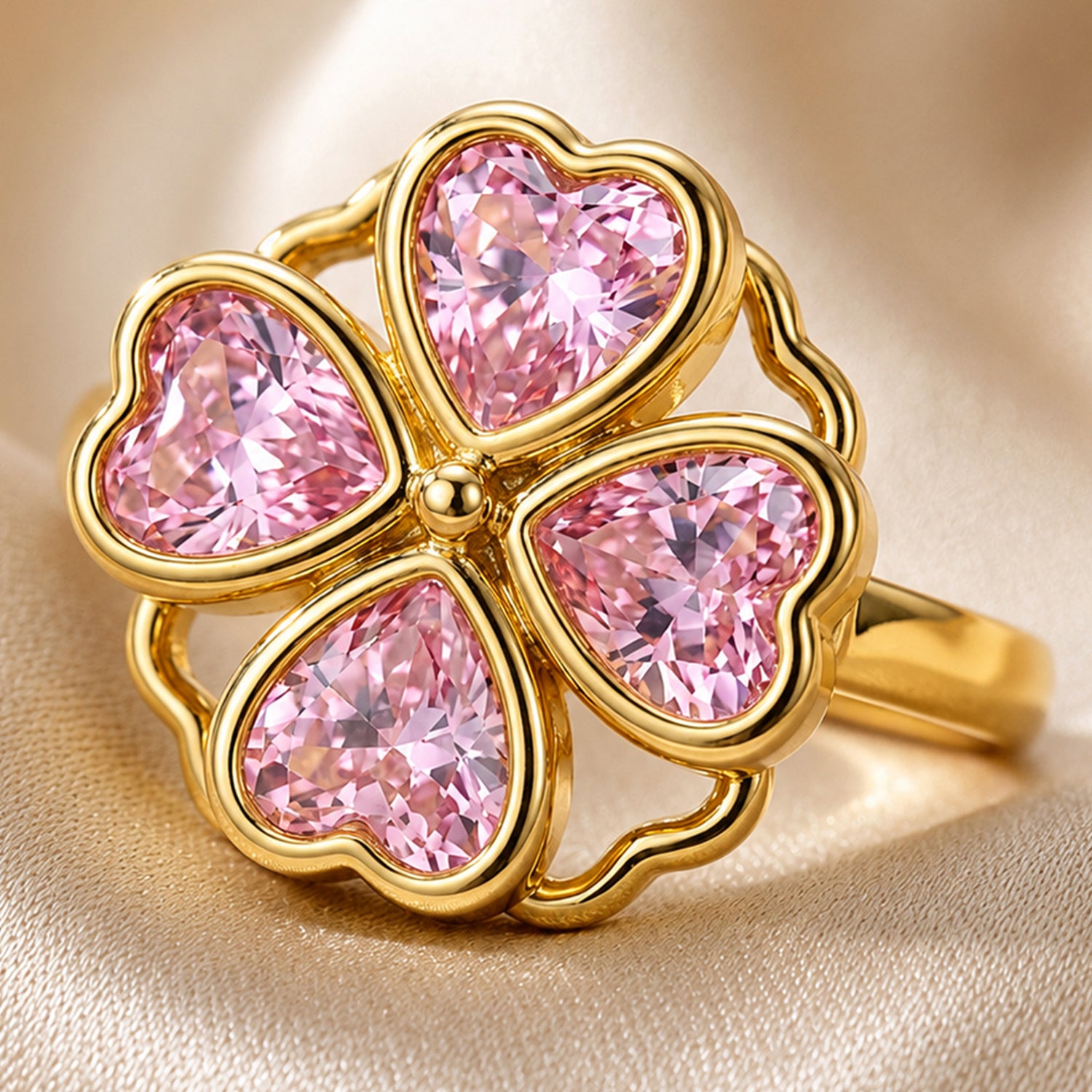 Artklim Gold Clover Revolving Flower Crystal Adjustable Anti-Tarnish Copper Ring