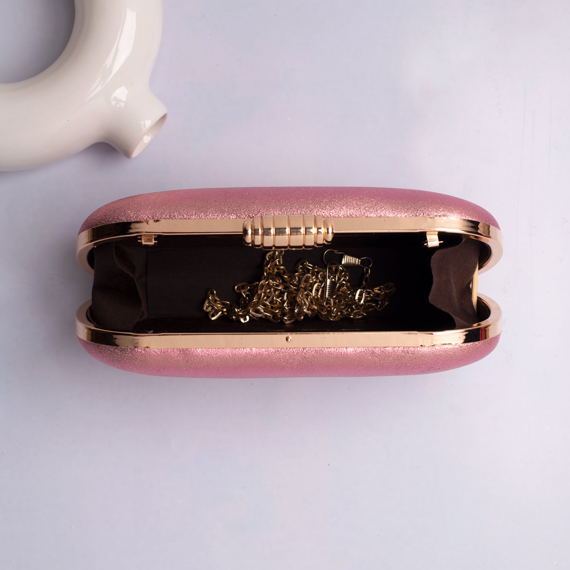 Artklim Shiny Pink Fabric Capsule Shaped Clutch