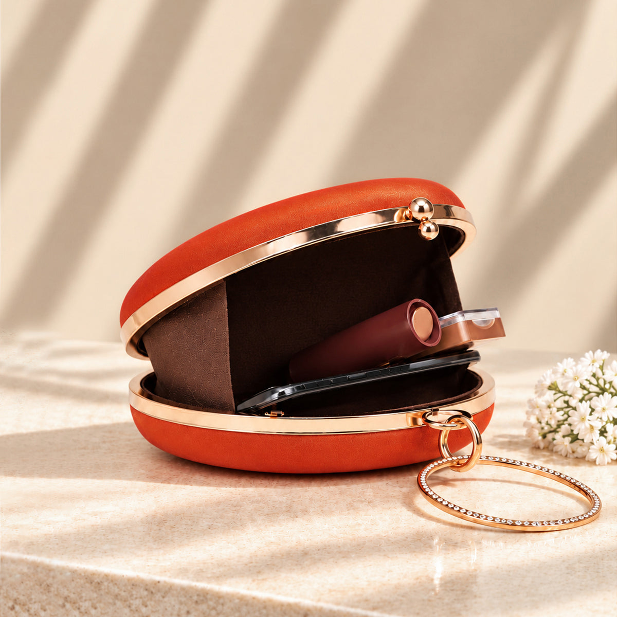 Artklim Elegant Rust Orange Embroidery Round Clutch Bag with Intricate Peacock Design