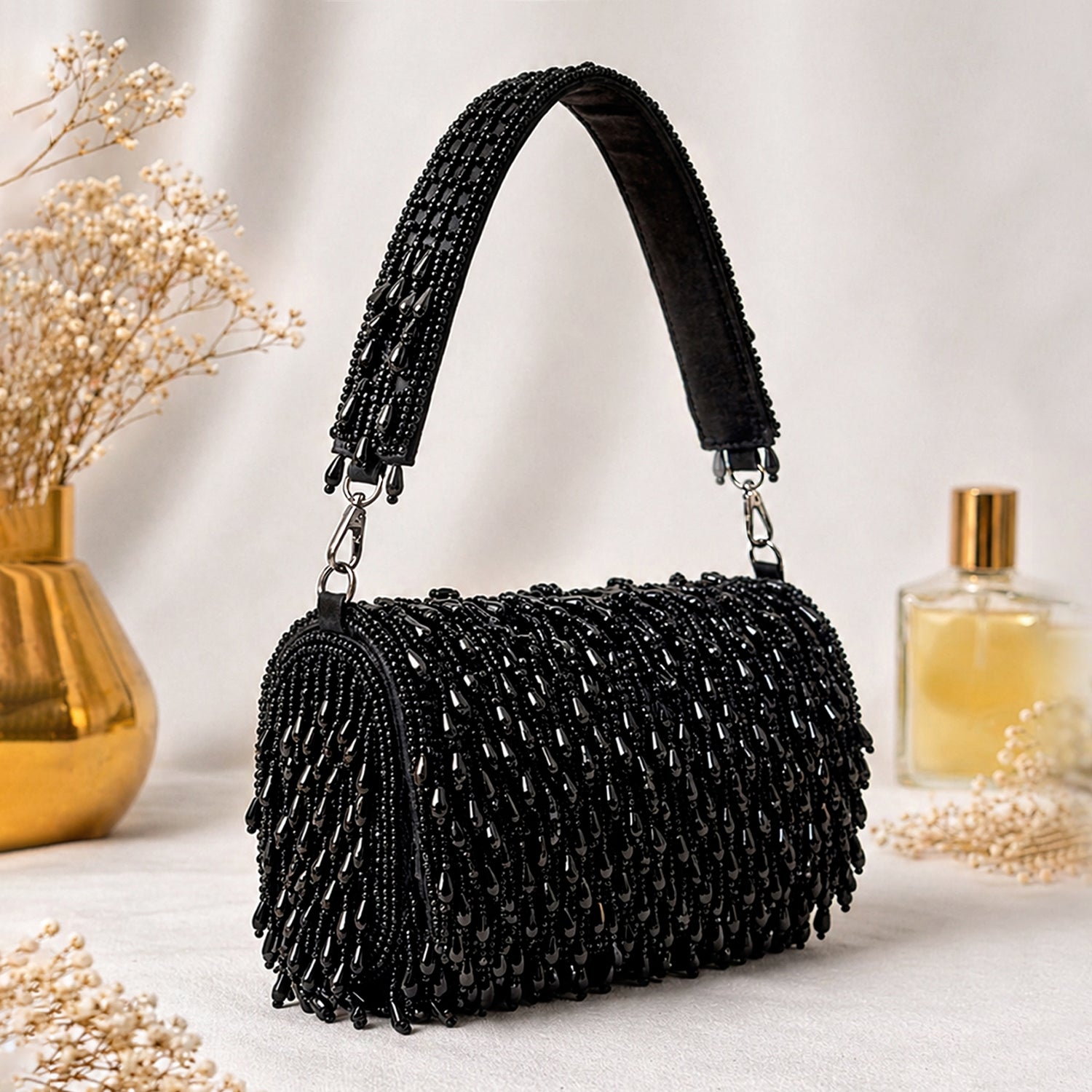Artklim Black Beaded Fringe Clutch