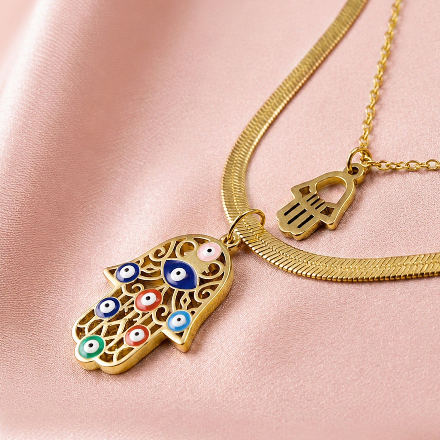 Artklim Hamsa Hand & Evil Eye Layered Anti-Tarnish Pendant Necklace