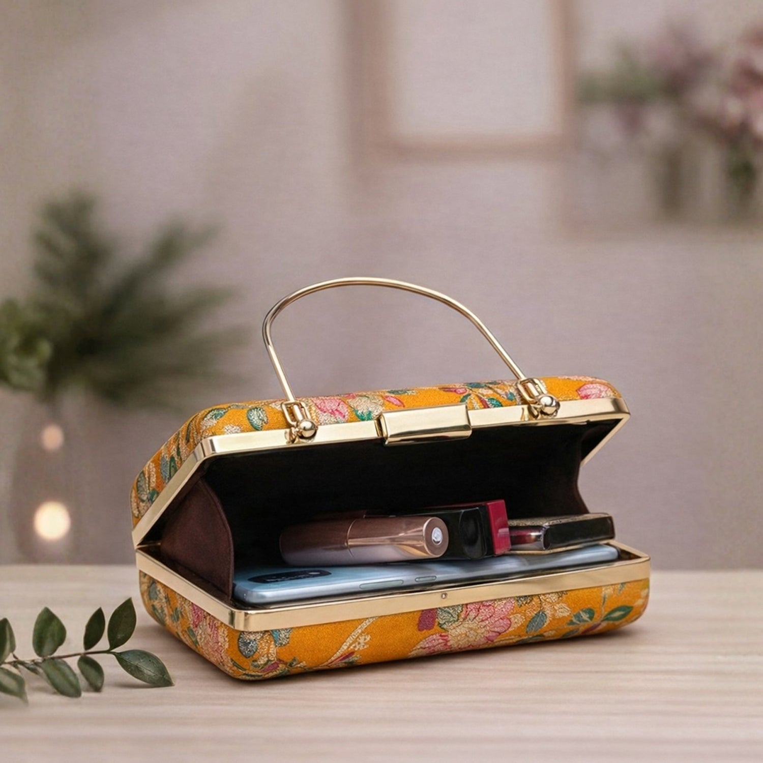 Artklim Yellow Based Pink Floral Printed Brocade Fabric Clutch
