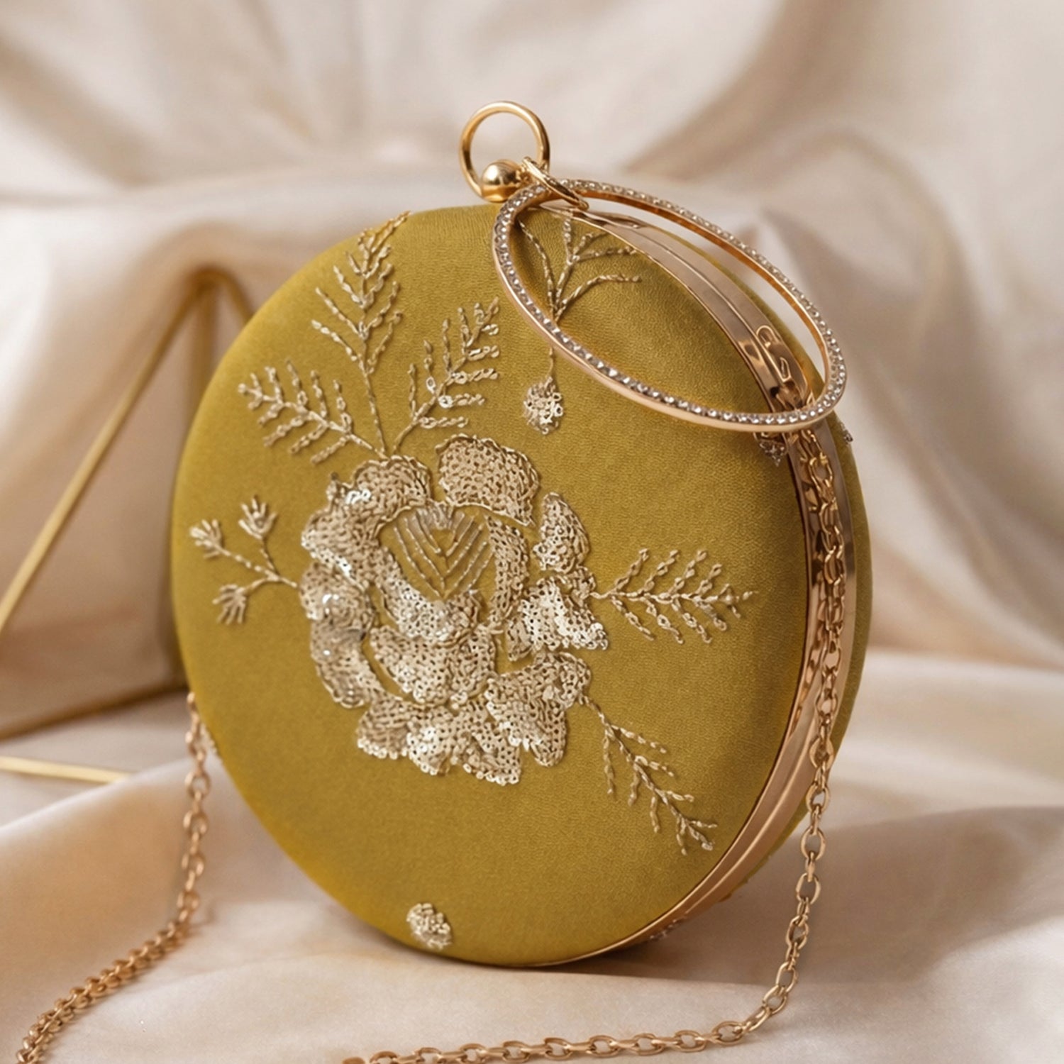 Artklim Mustard Yellow Floral Embroidered Round Clutch