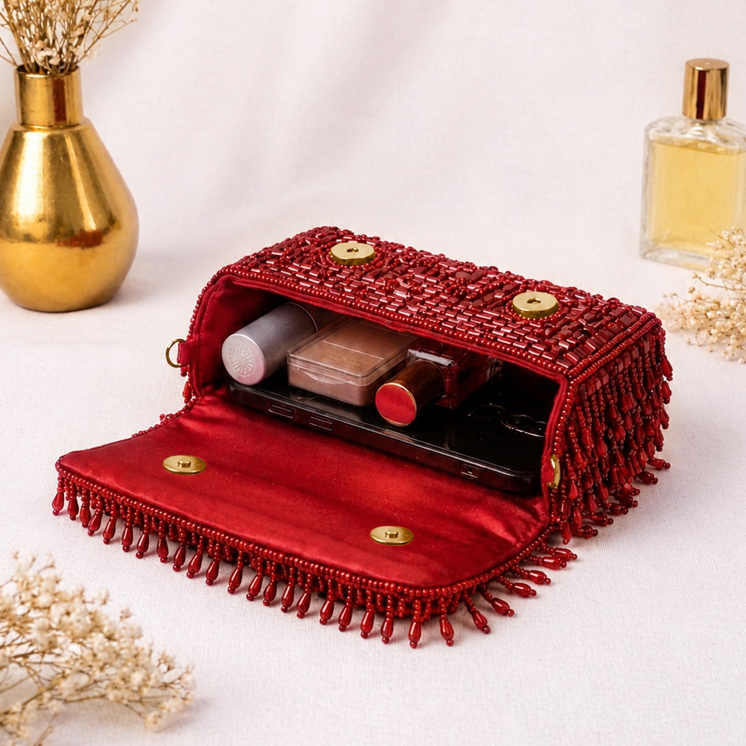 Artklim Ruby Red Handcrafted Beaded Evening Clutch Bag