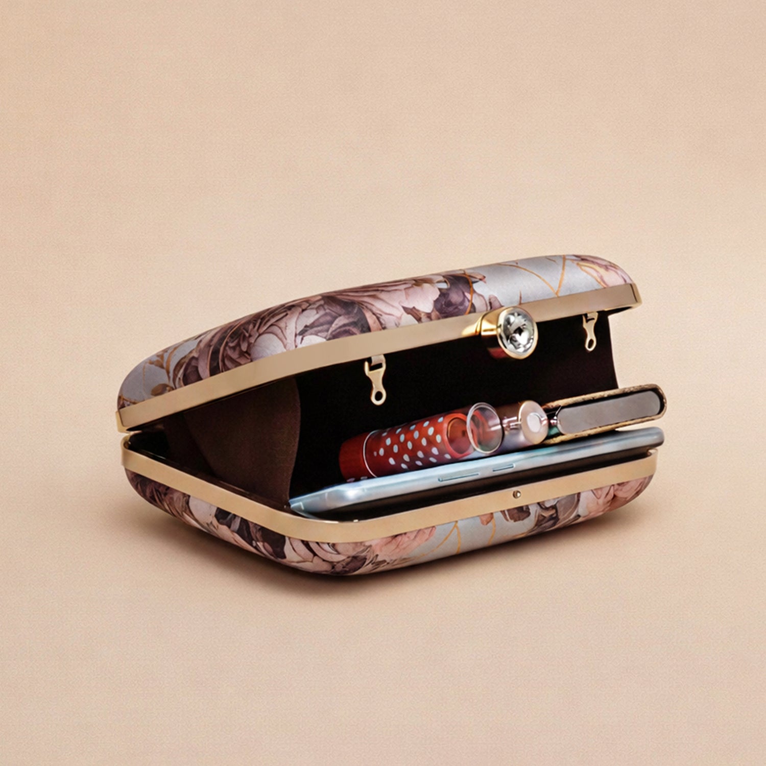 Artklim Grey and Pink Rose Printed Clutch