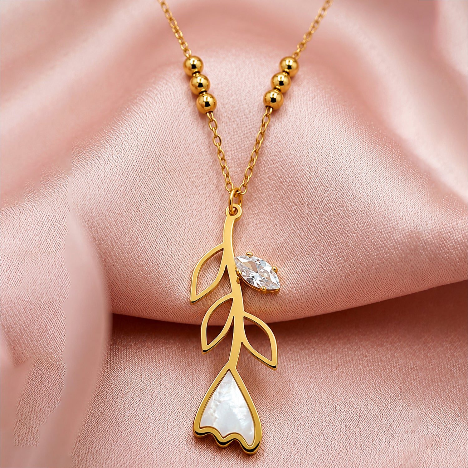 Artklim Crystal Leaf Floral Pendant Gold Beaded Anti-Tarnish Necklace