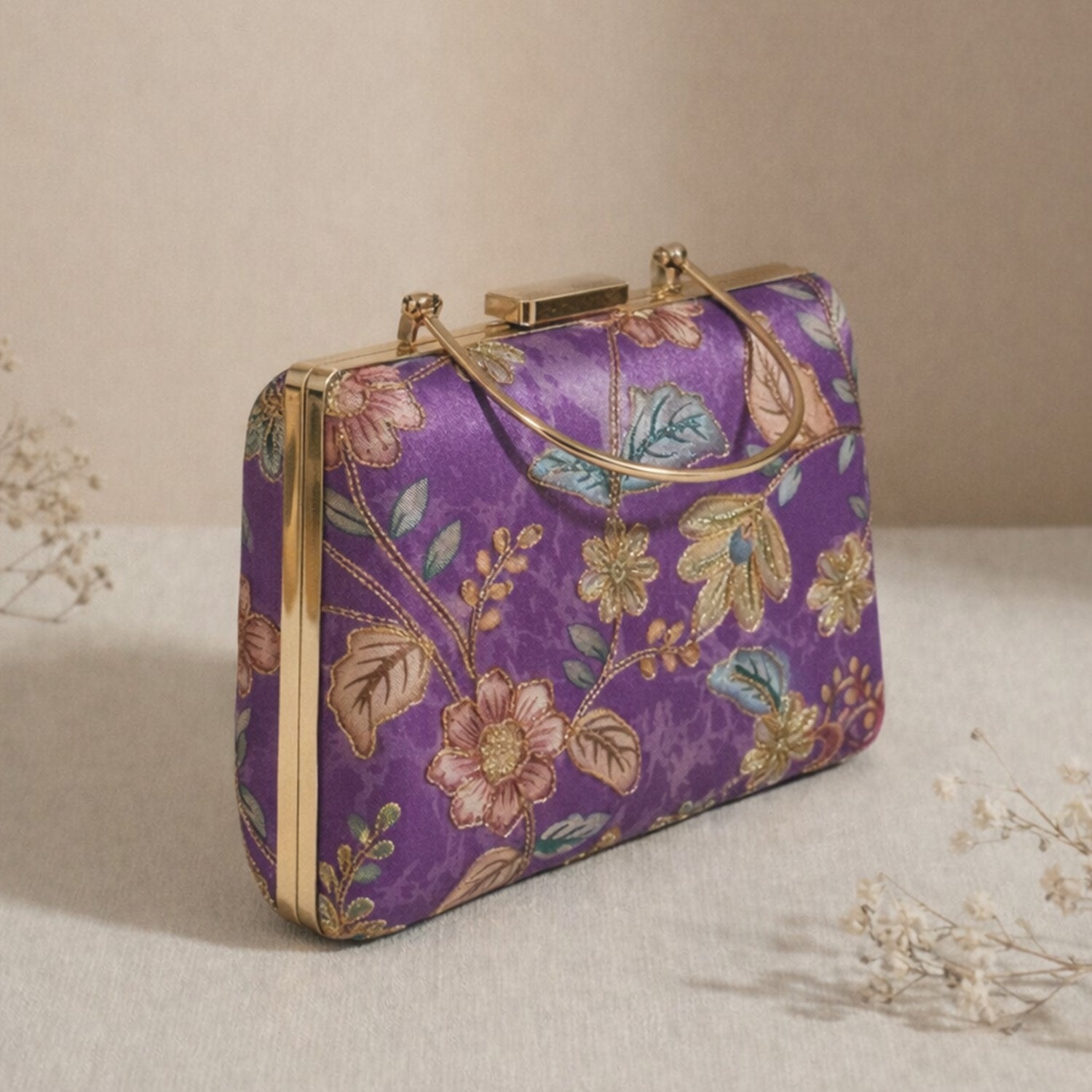Artklim Lavender Floral Embroidered Clutch