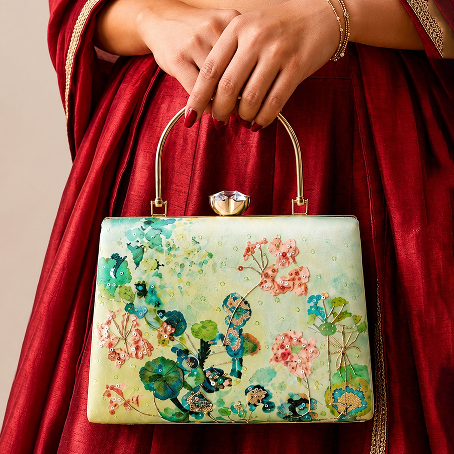 Artklim Printed Pastel Botanical Bloom Artistic Clutch with Hand Embroidery