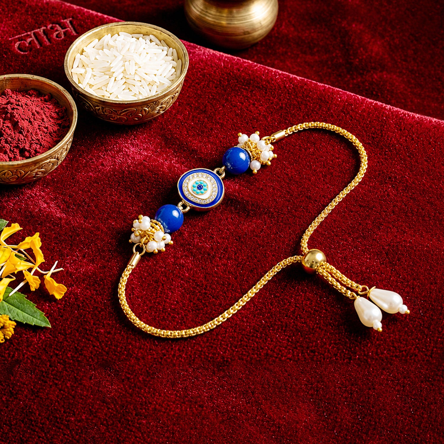Artklim Blue Evil Eye Bhaiya Bhabhi Rakhi Set with Pearl Tassels