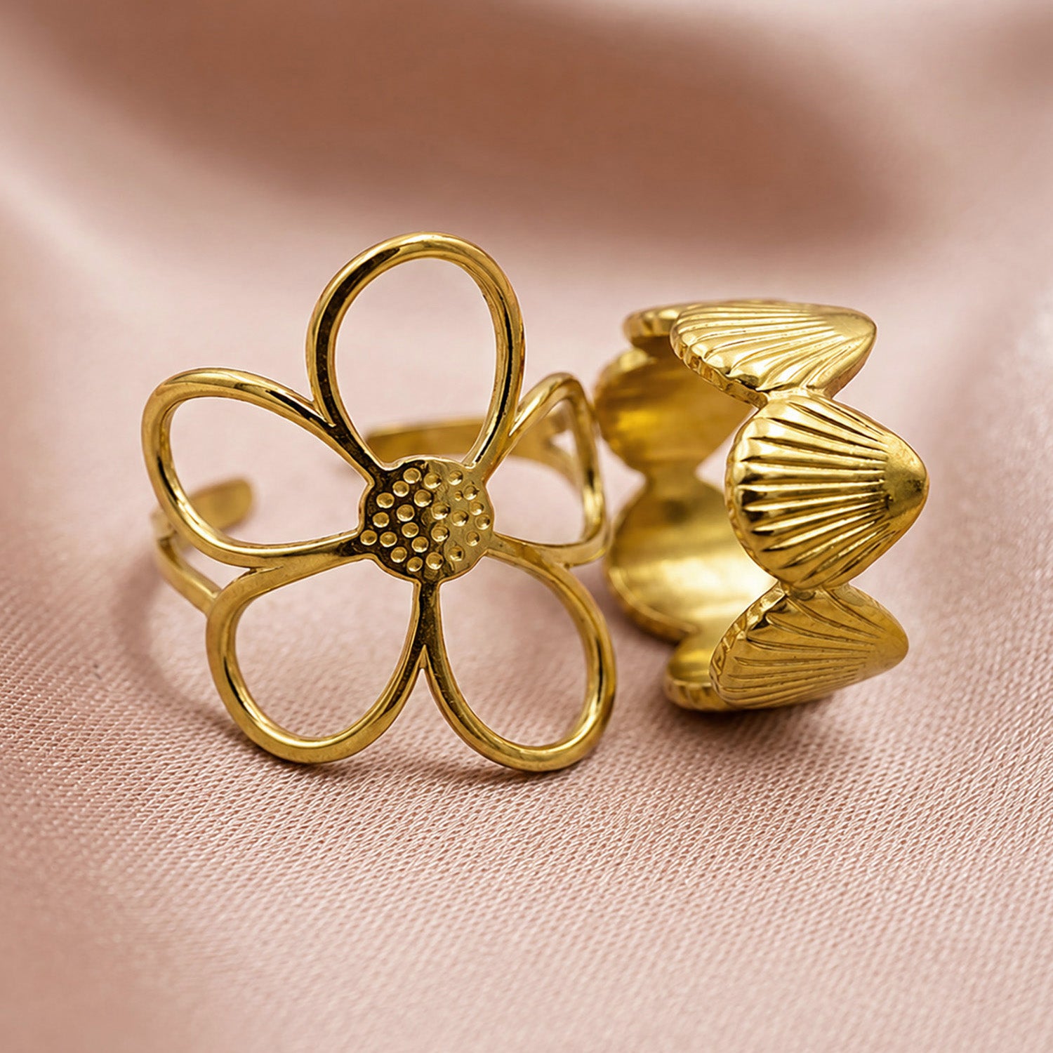 Artklim Flower Petal & Shell Pair Ring Set Adjustable Anti-Tarnish Ring
