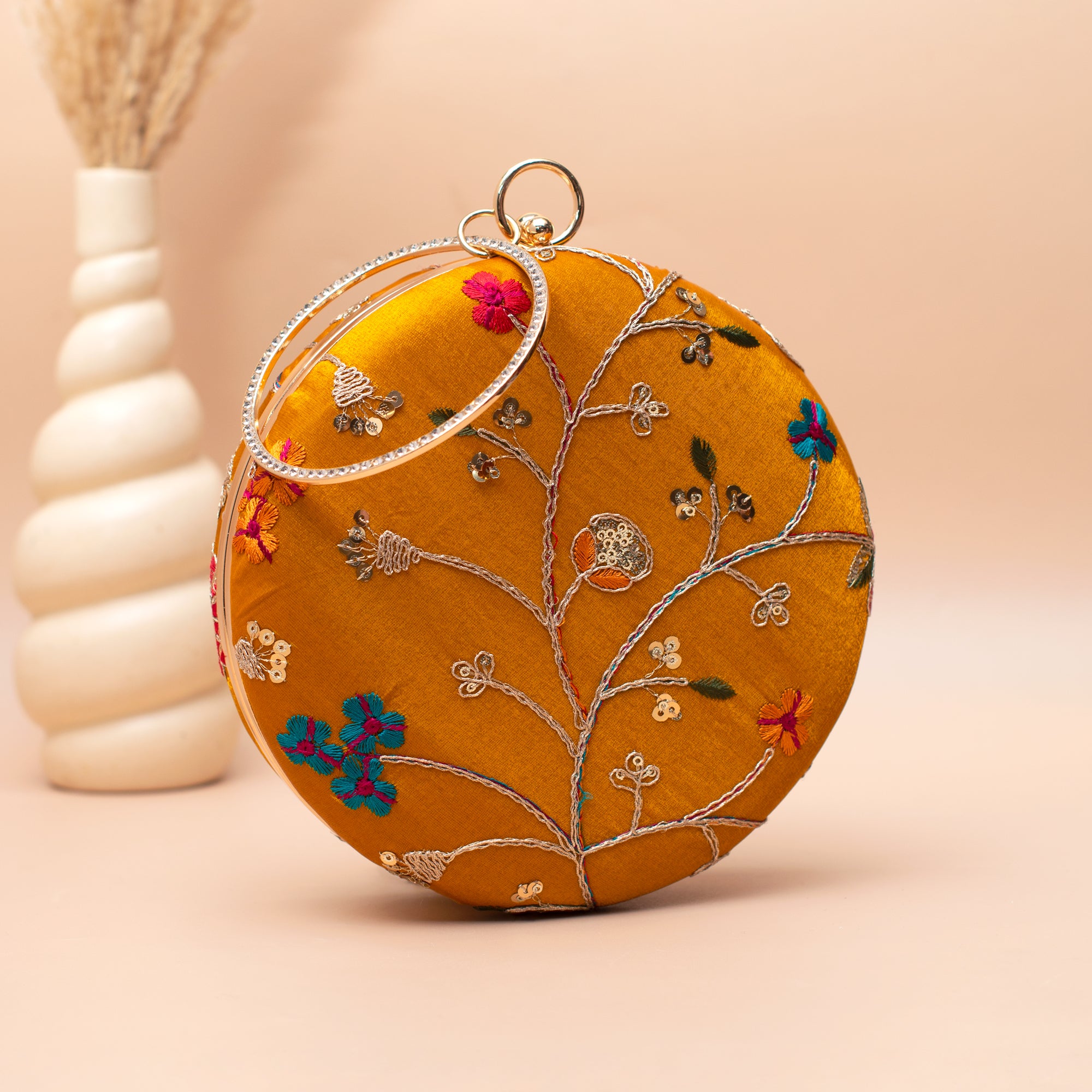 Artklim Mustard Multi-Color Embroidered Clutch