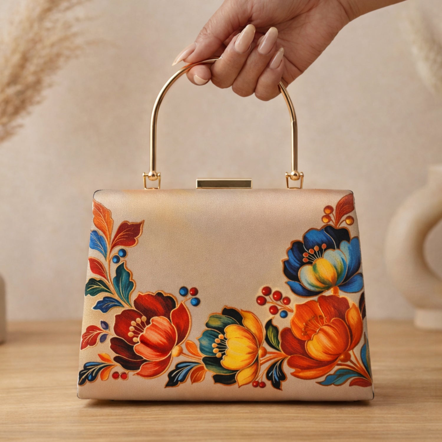 Artklim Printed Gold Floral Embellished Clutch with Hand Embroidery