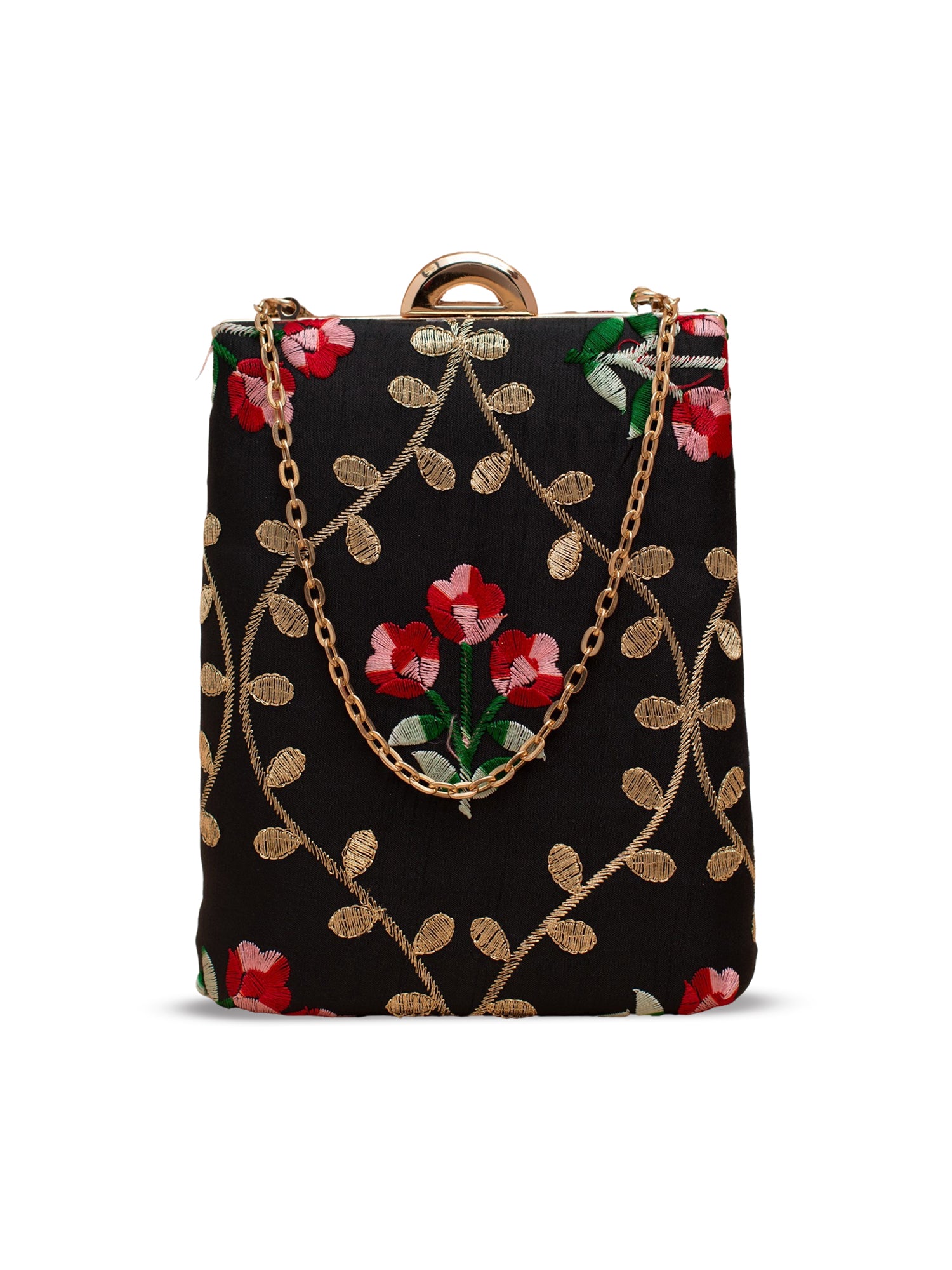 Artklim Black Clutch with Red Floral & Golden Vine