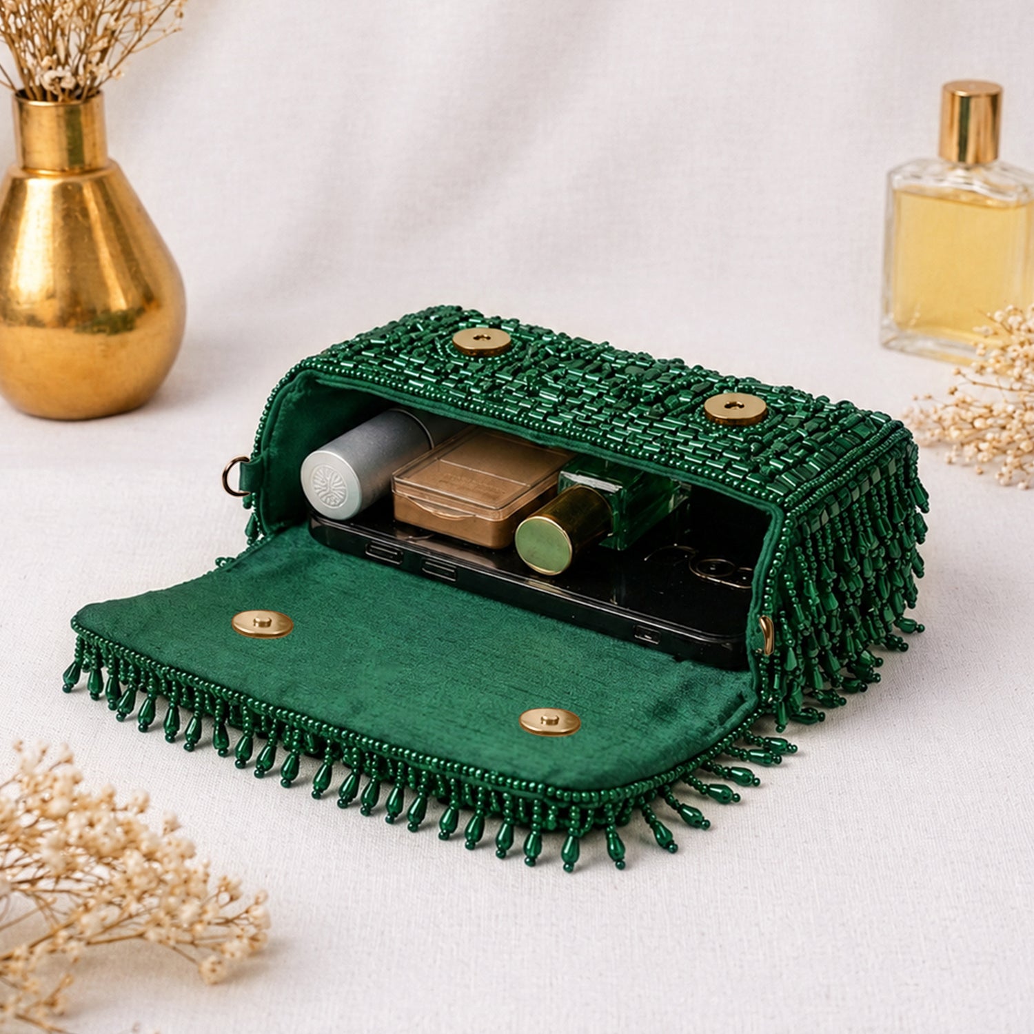 Artklim Emerald Green Handmade Beaded Clutch Bag