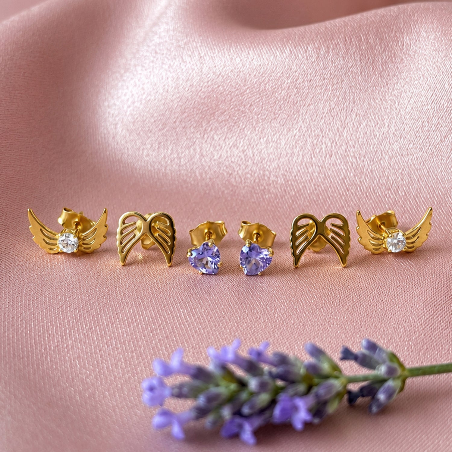 Artklim Angel Wing, Crystal Wing & Purple Heart 3 Pair Set Anti-Tarnish Earring