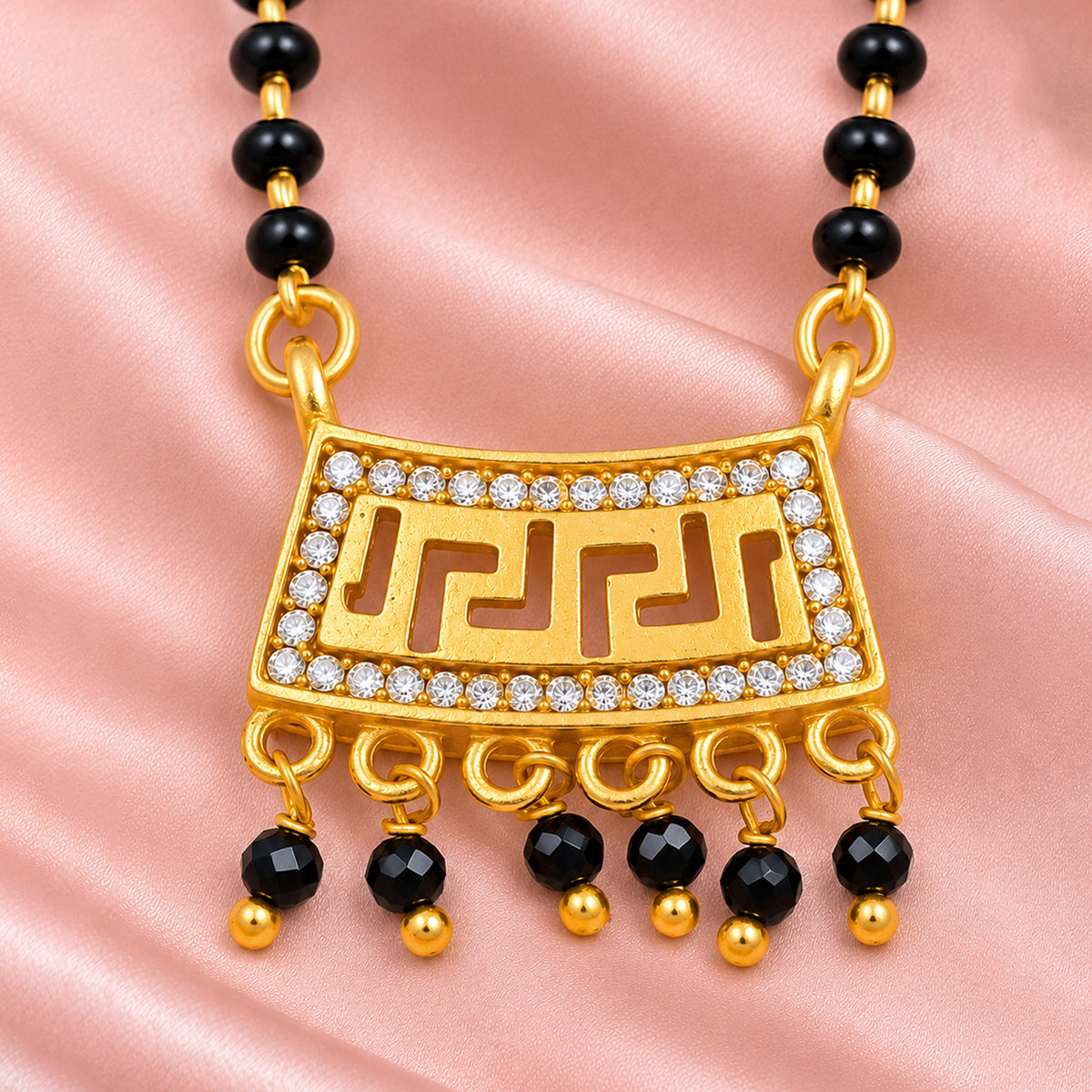 Artklim Royal Black Beads Gold-Plated Traditional Mangalsutra with Kundan Pendant