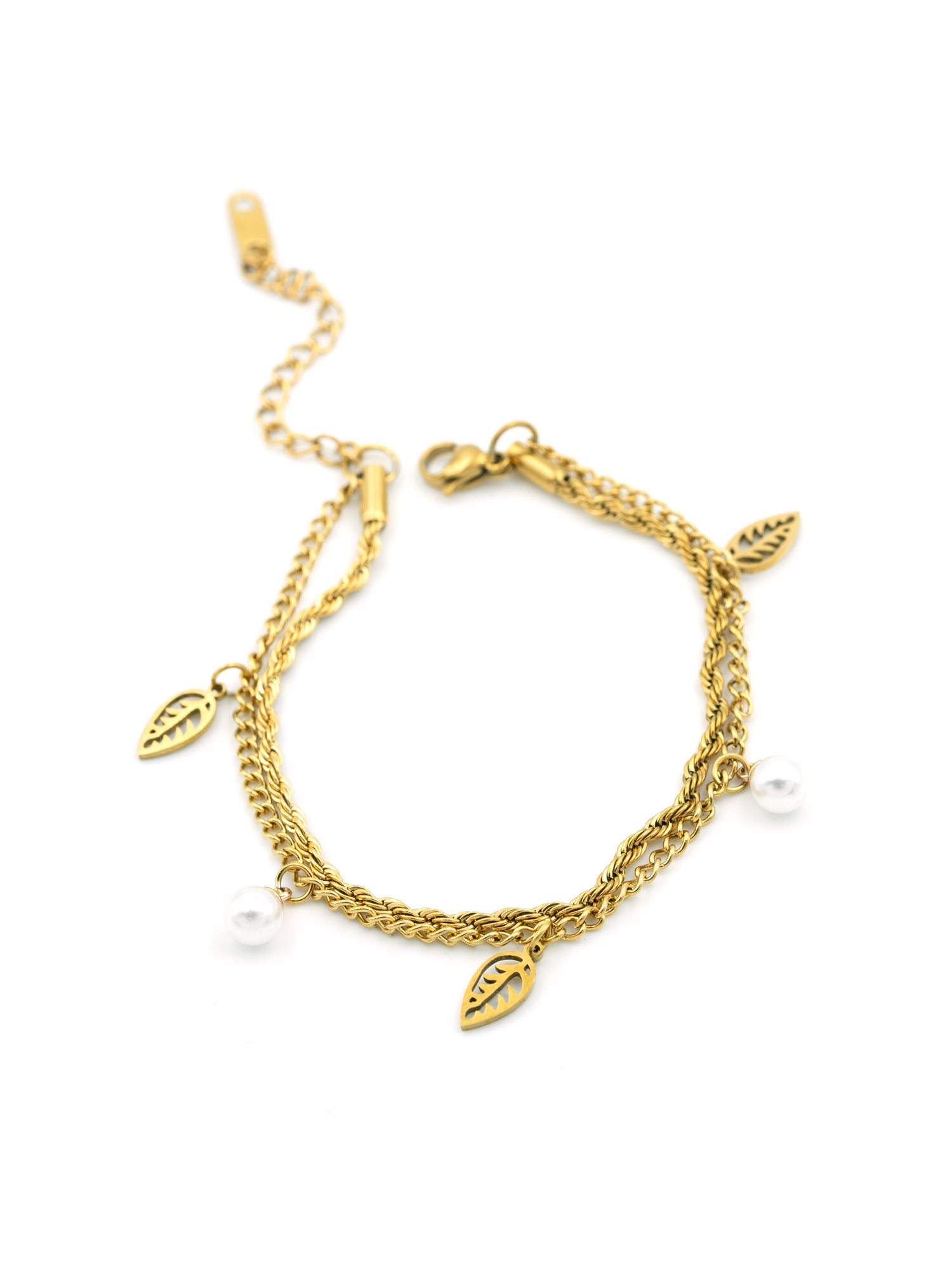 Artklim Gold Plated Anti Tarnish Golden Leaf & Pearl Charm Bracelet