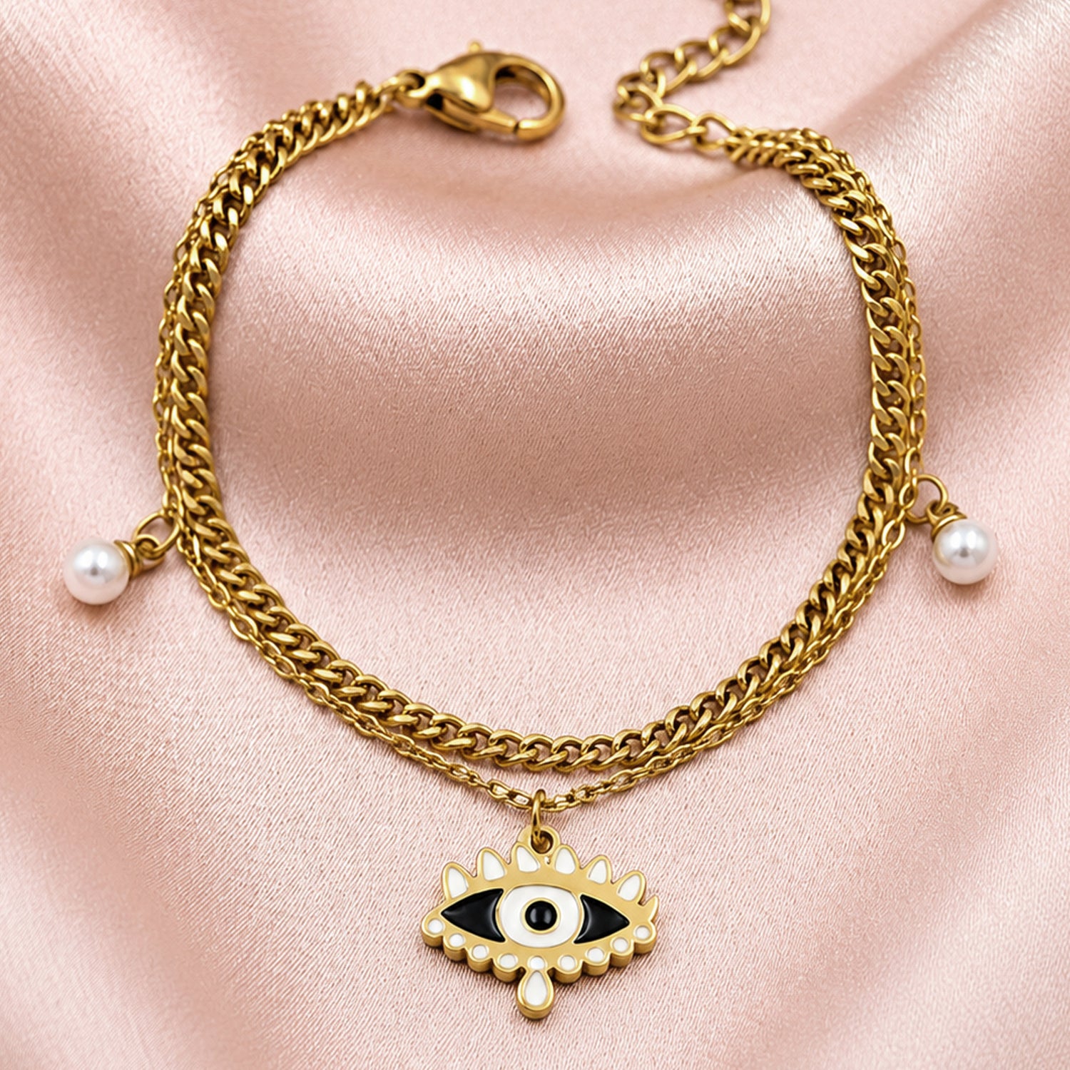 Artklim Evil Eye Pearl Layered Charm Anti-Tarnish Bracelet