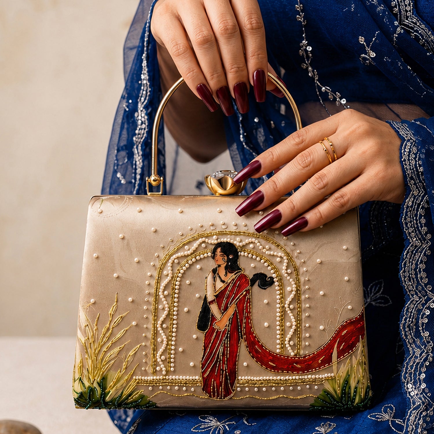 Artklim Beige Traditional Art Embroidered Clutch Bag