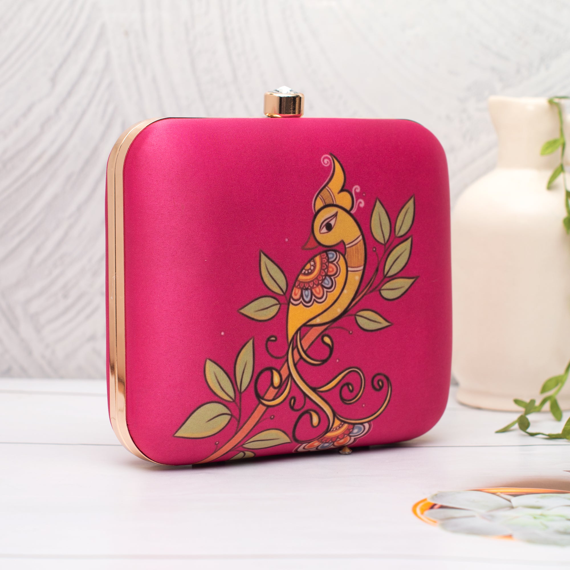 Artklim Pink with Artistic Peacock Printed Clutch